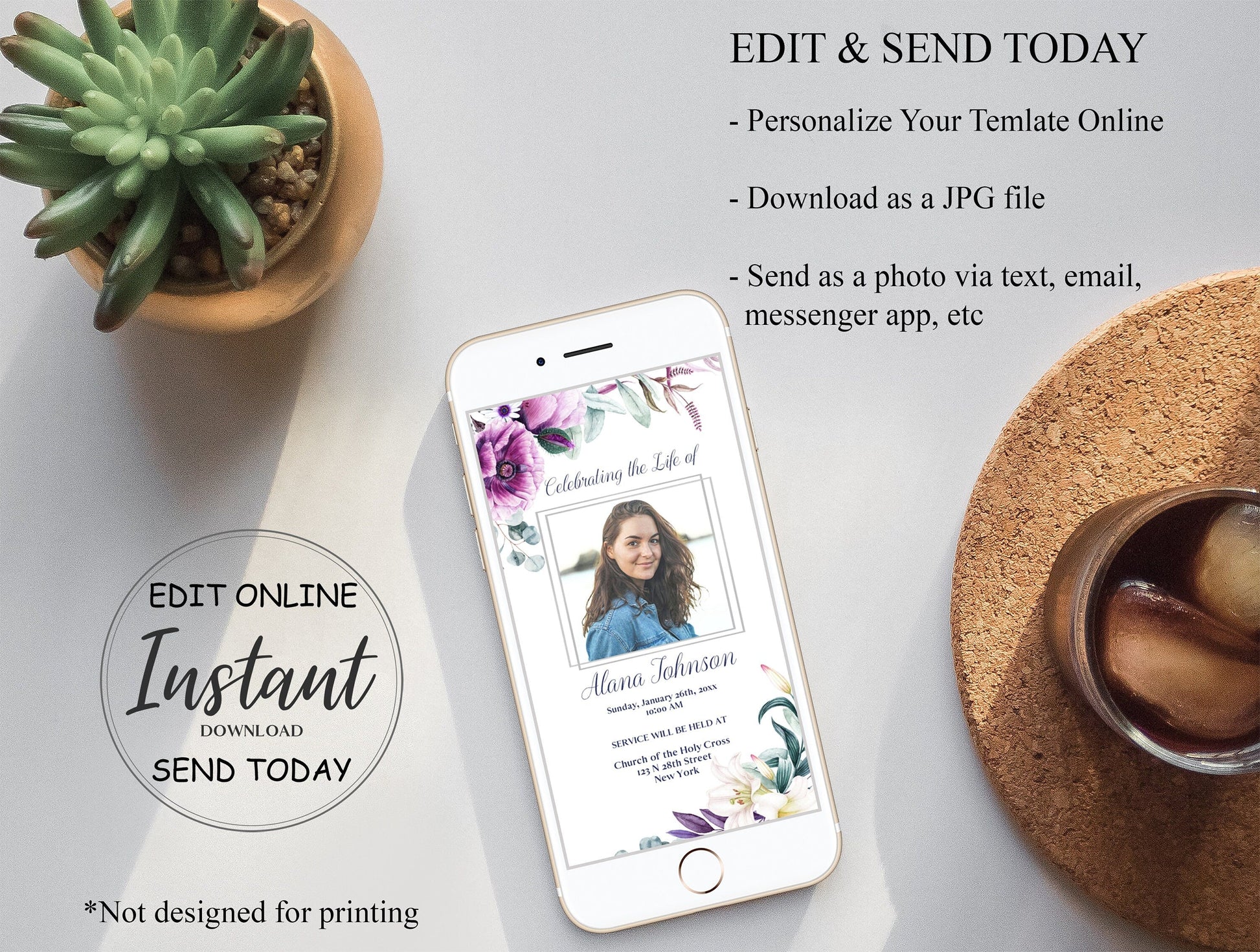 Elegant Purple Floral Funeral Announcement Template - Digital & Physical - lovingmemoryprints