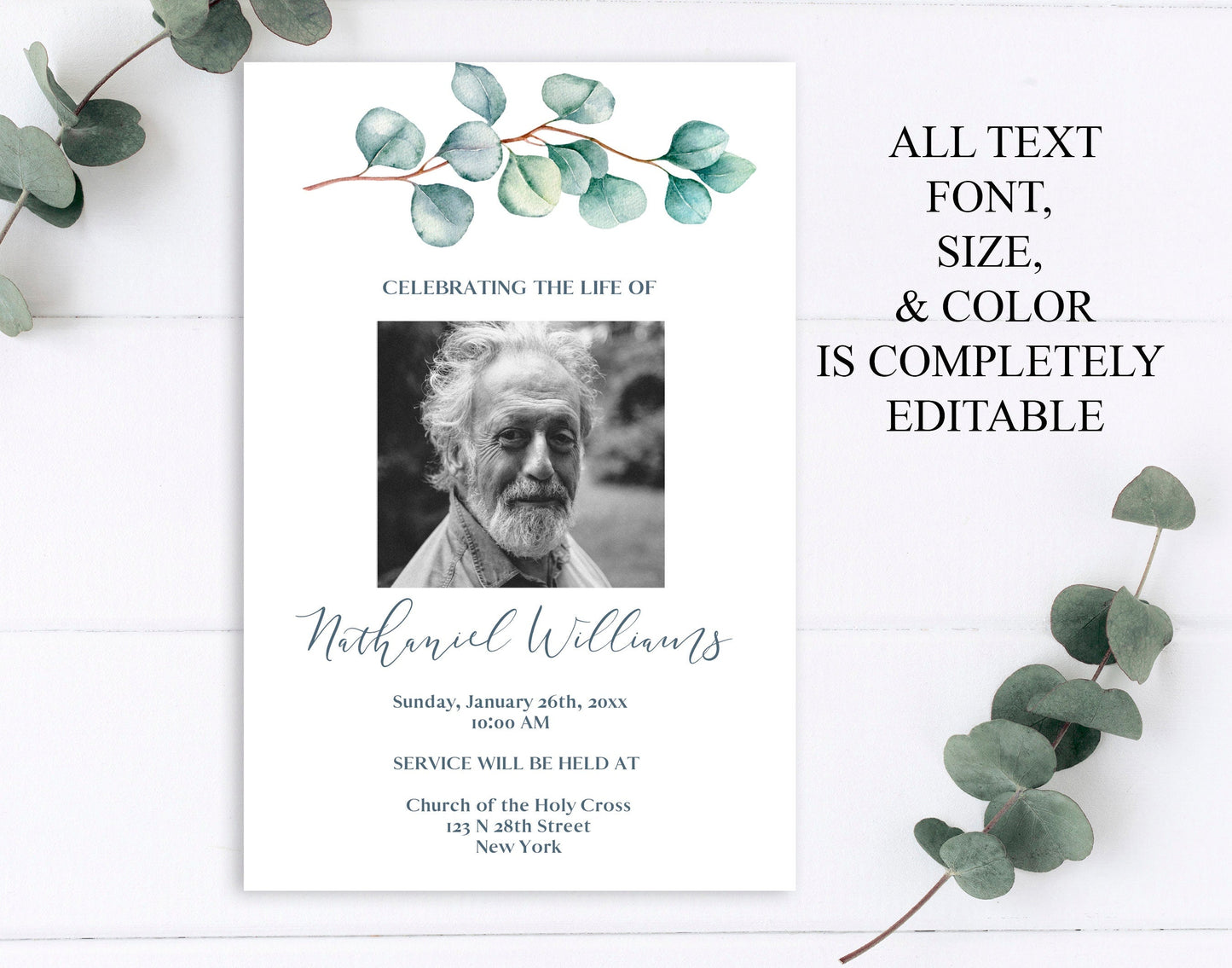 Eucalyptus Branch Funeral Announcement Template - lovingmemoryprints