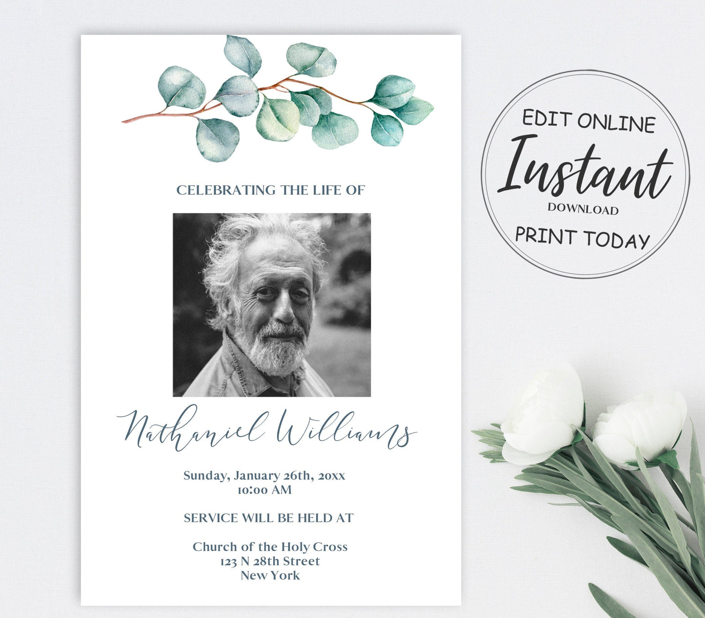 Eucalyptus Branch Funeral Announcement Template - lovingmemoryprints