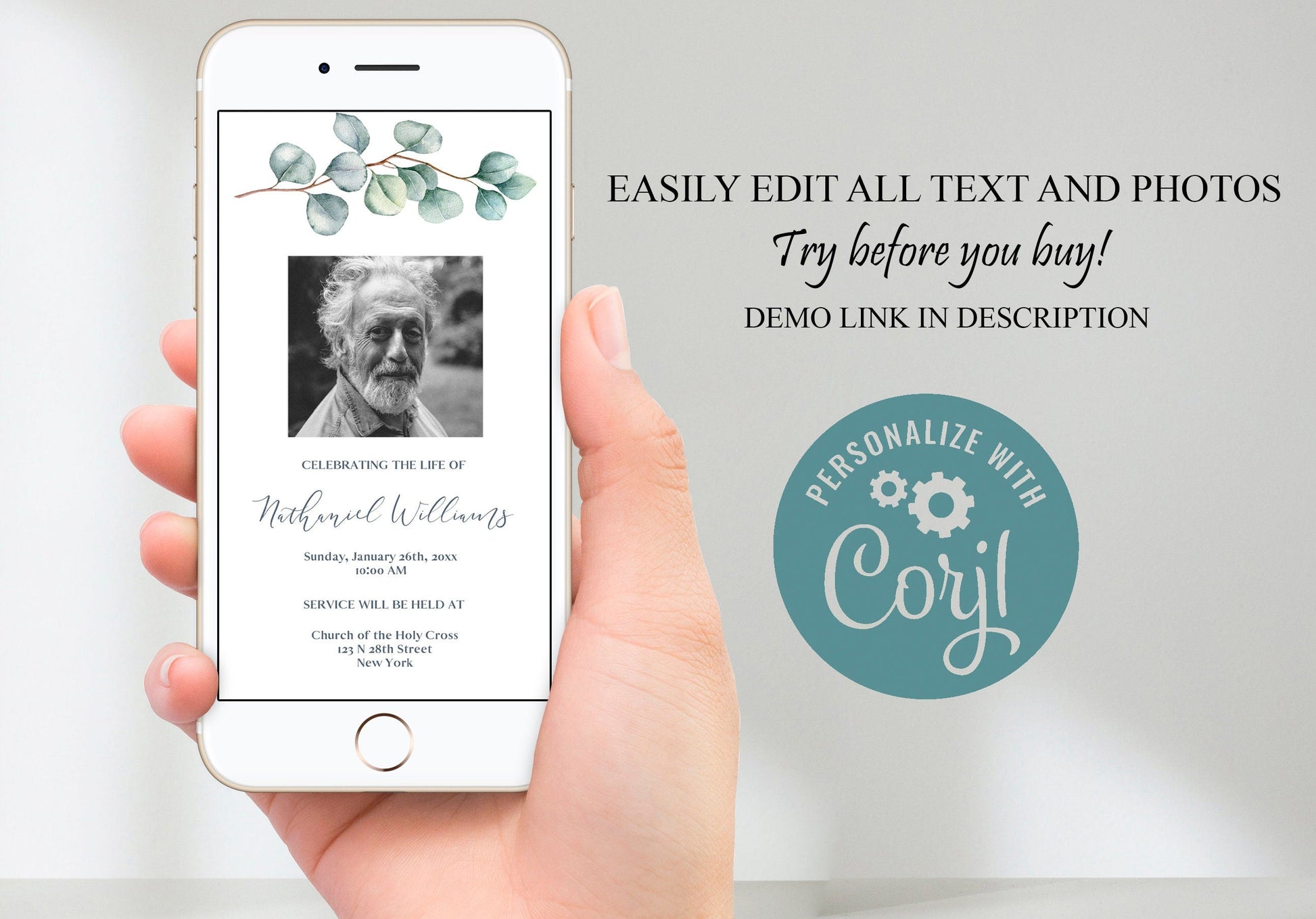 Eucalyptus Greenery Funeral Invitiation Template - Physical & Digital - lovingmemoryprints