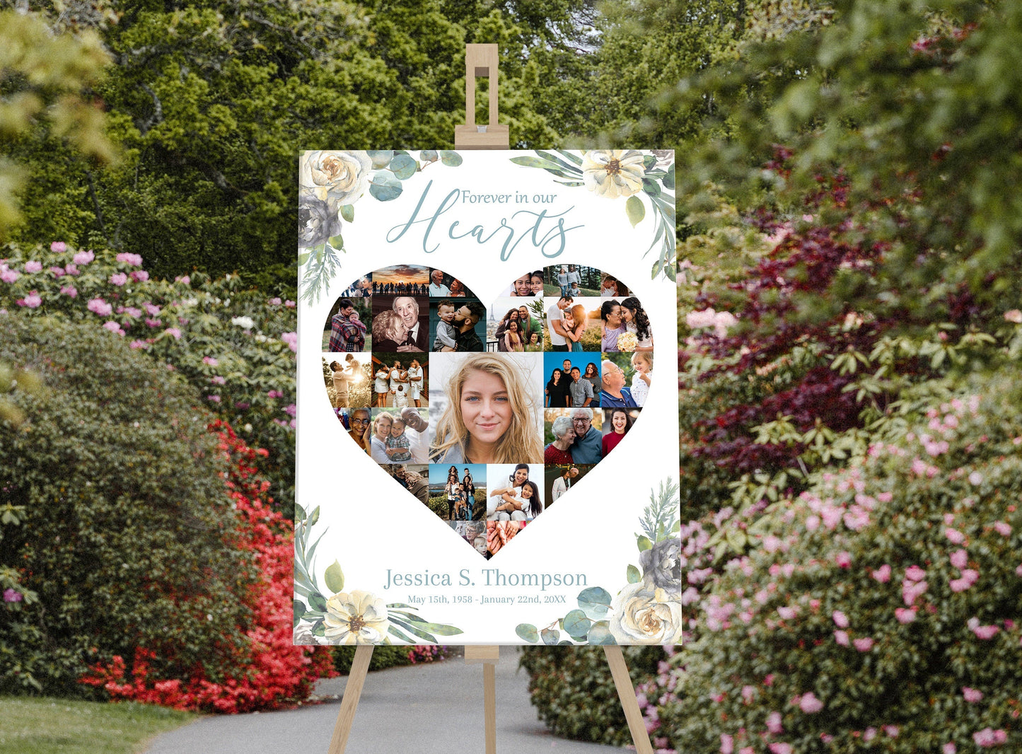 Floral Design Heart Collage Memory Board Template - lovingmemoryprints