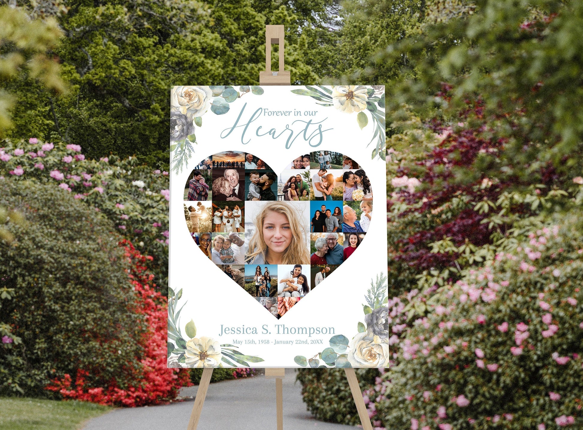 Floral Design Heart Collage Memory Board Template - lovingmemoryprints
