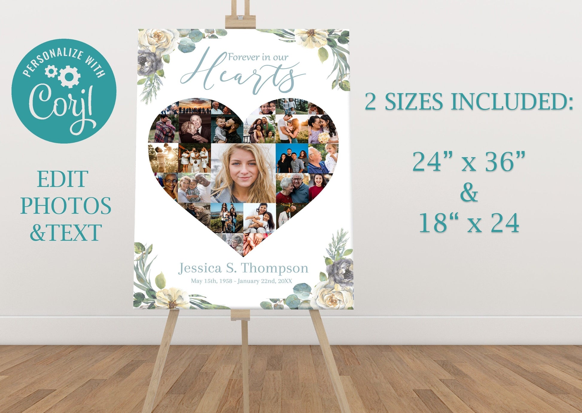 Floral Design Heart Collage Memory Board Template - lovingmemoryprints