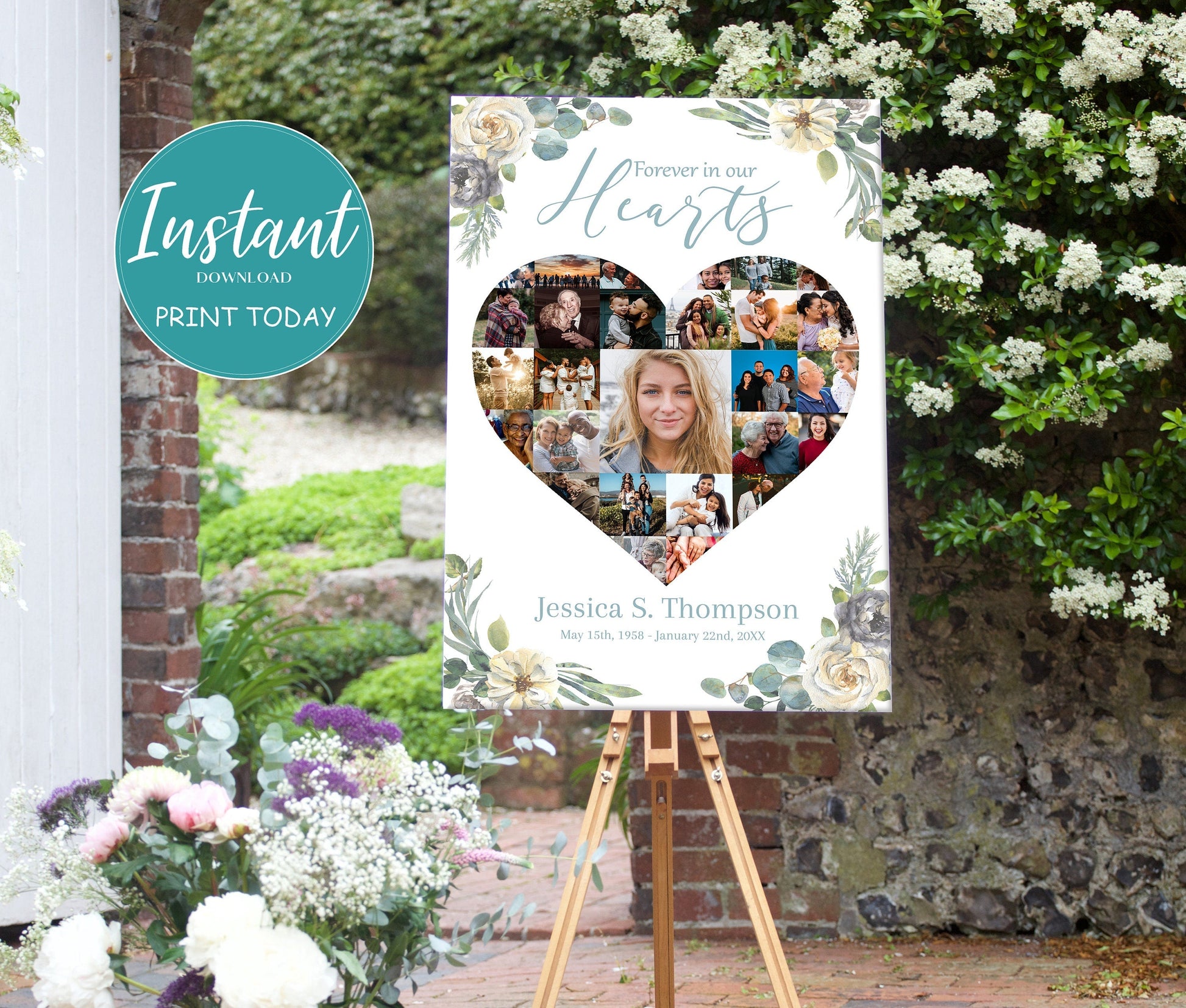 Floral Design Heart Collage Memory Board Template - lovingmemoryprints