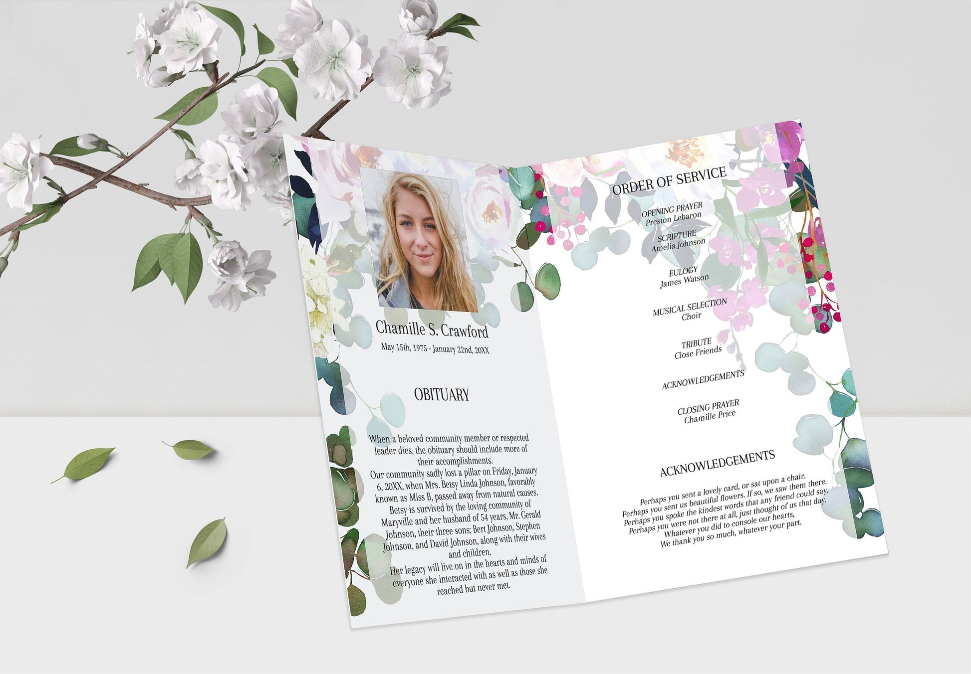 Floral Funeral Program Pamphlet for Woman - 4 Page - lovingmemoryprints