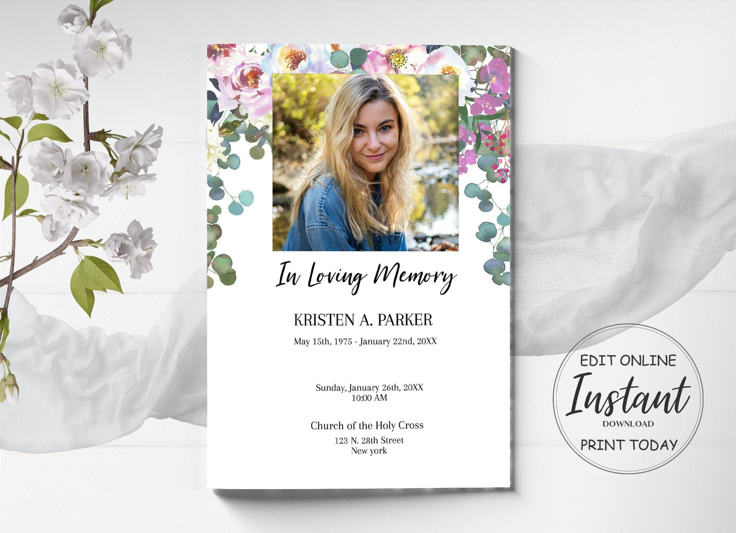Floral Funeral Program Pamphlet for Woman - 4 Page - lovingmemoryprints
