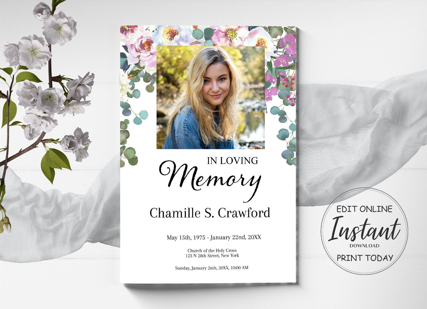 Floral Funeral Program Template for Woman - 8 Page - lovingmemoryprints