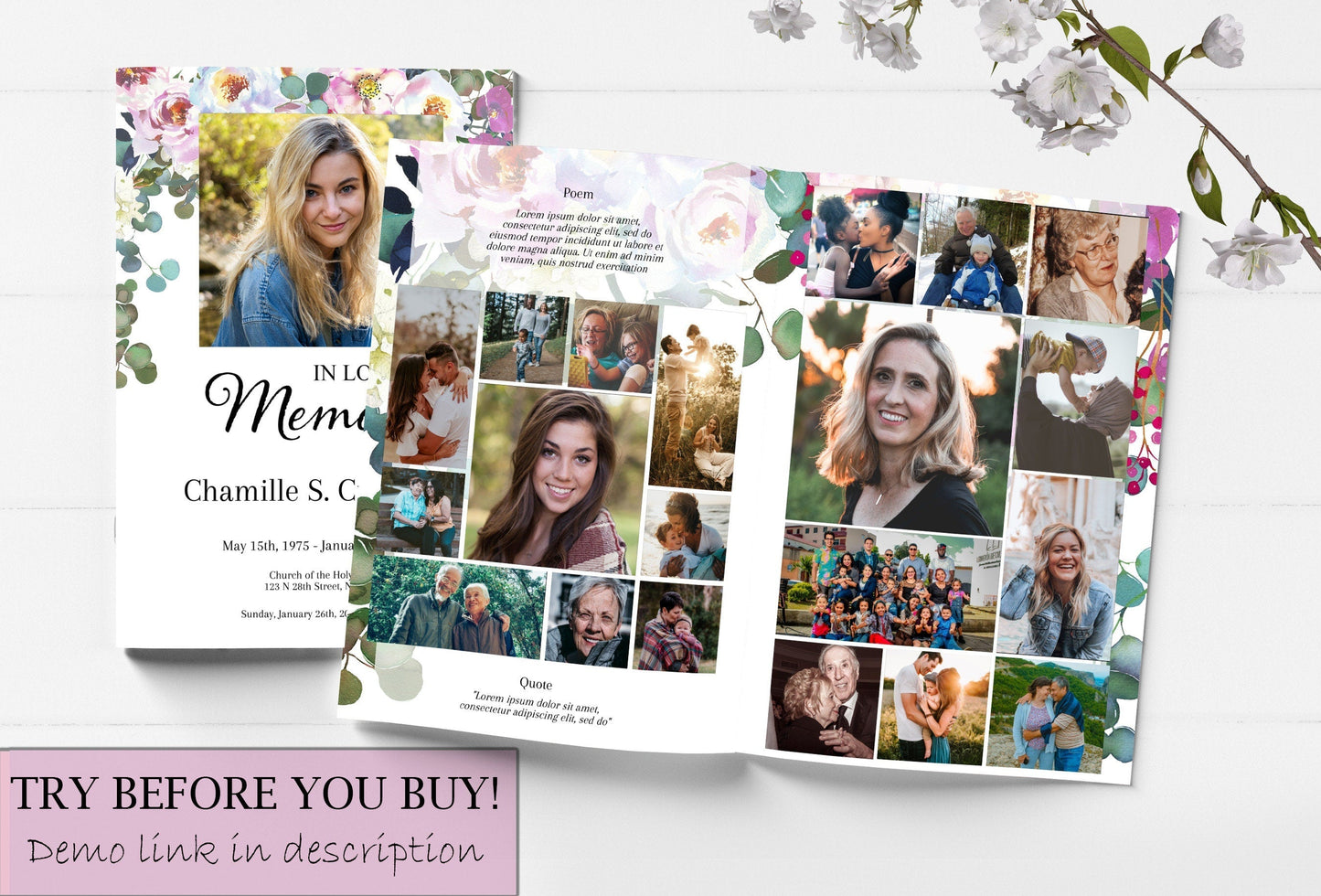 Floral Funeral Program Template for Woman - 8 Page - lovingmemoryprints