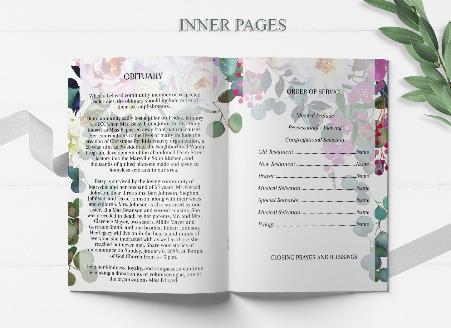 Floral Funeral Program Template for Woman - 8 Page - lovingmemoryprints