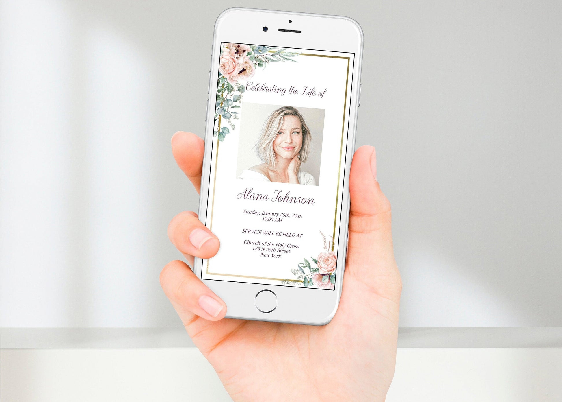 Floral & Gold Funeral Invitation Template - Digital & Physical - lovingmemoryprints