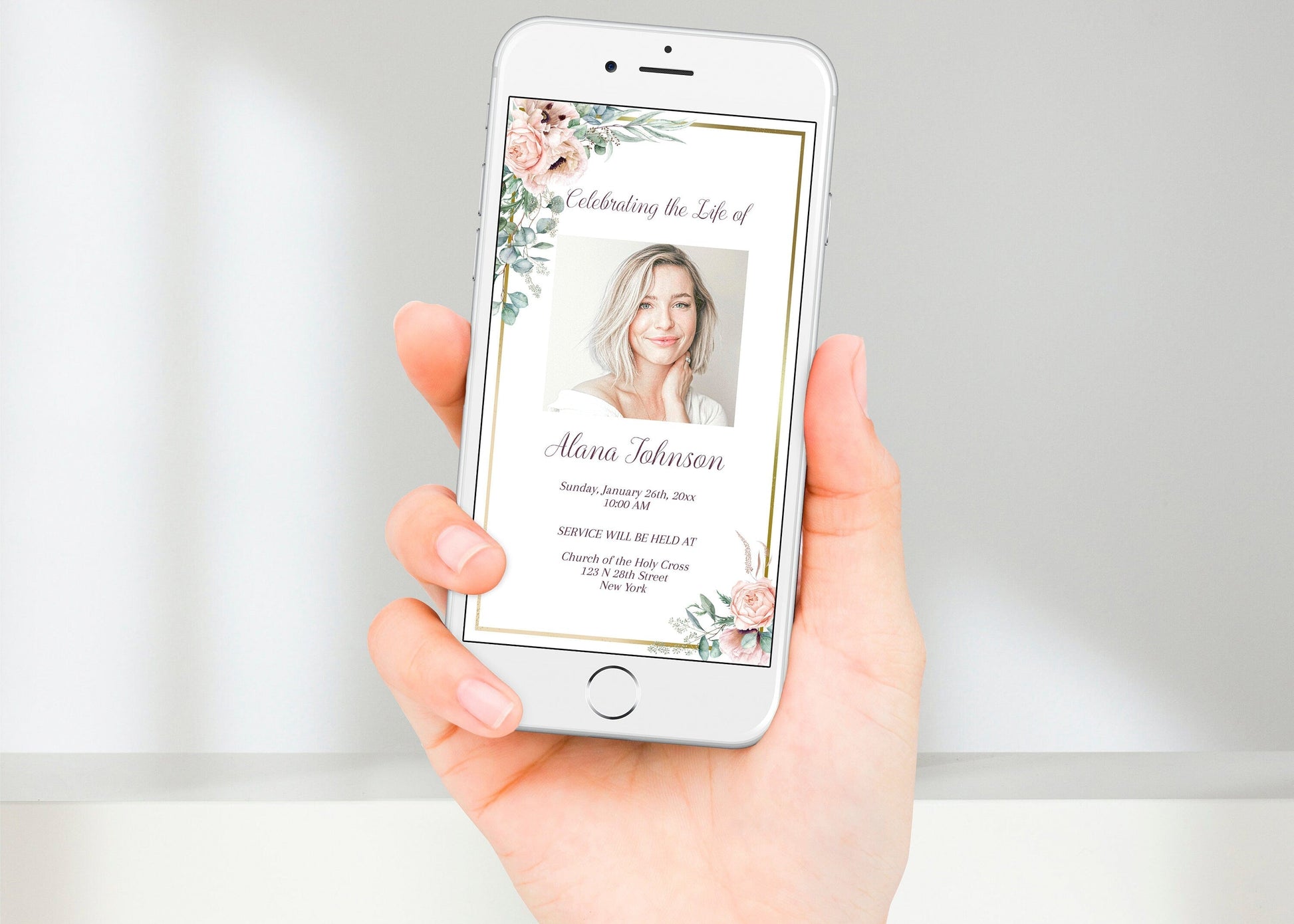 Floral & Gold Funeral Invitation Template - Digital & Physical - lovingmemoryprints