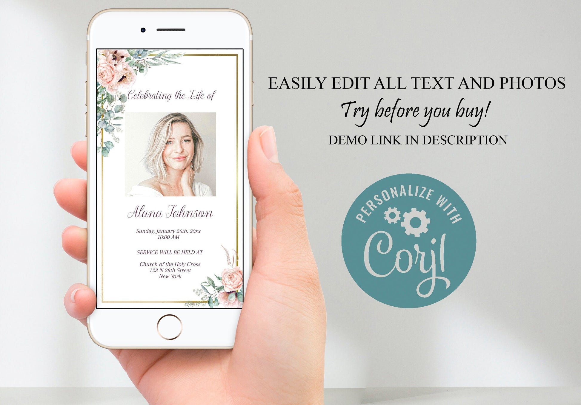 Floral & Gold Funeral Invitation Template - Digital & Physical - lovingmemoryprints