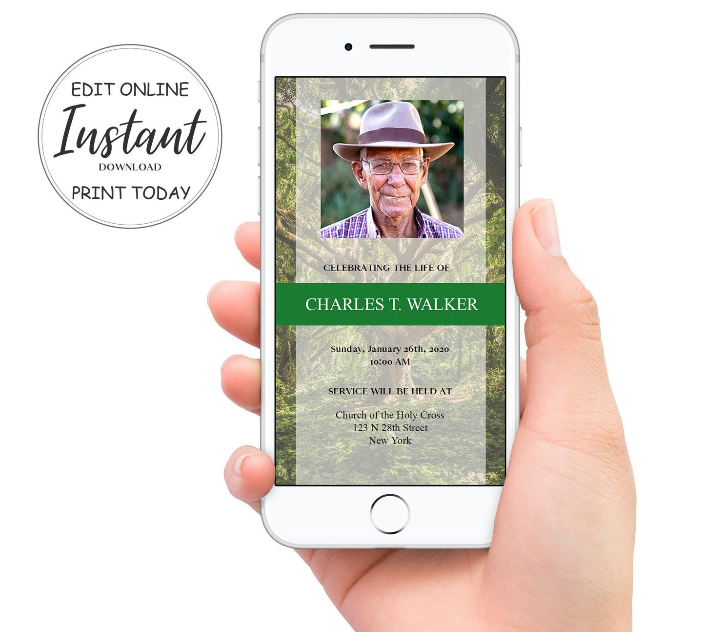 Forest Background Funeral Announcement Template - Digital & Physical - lovingmemoryprints