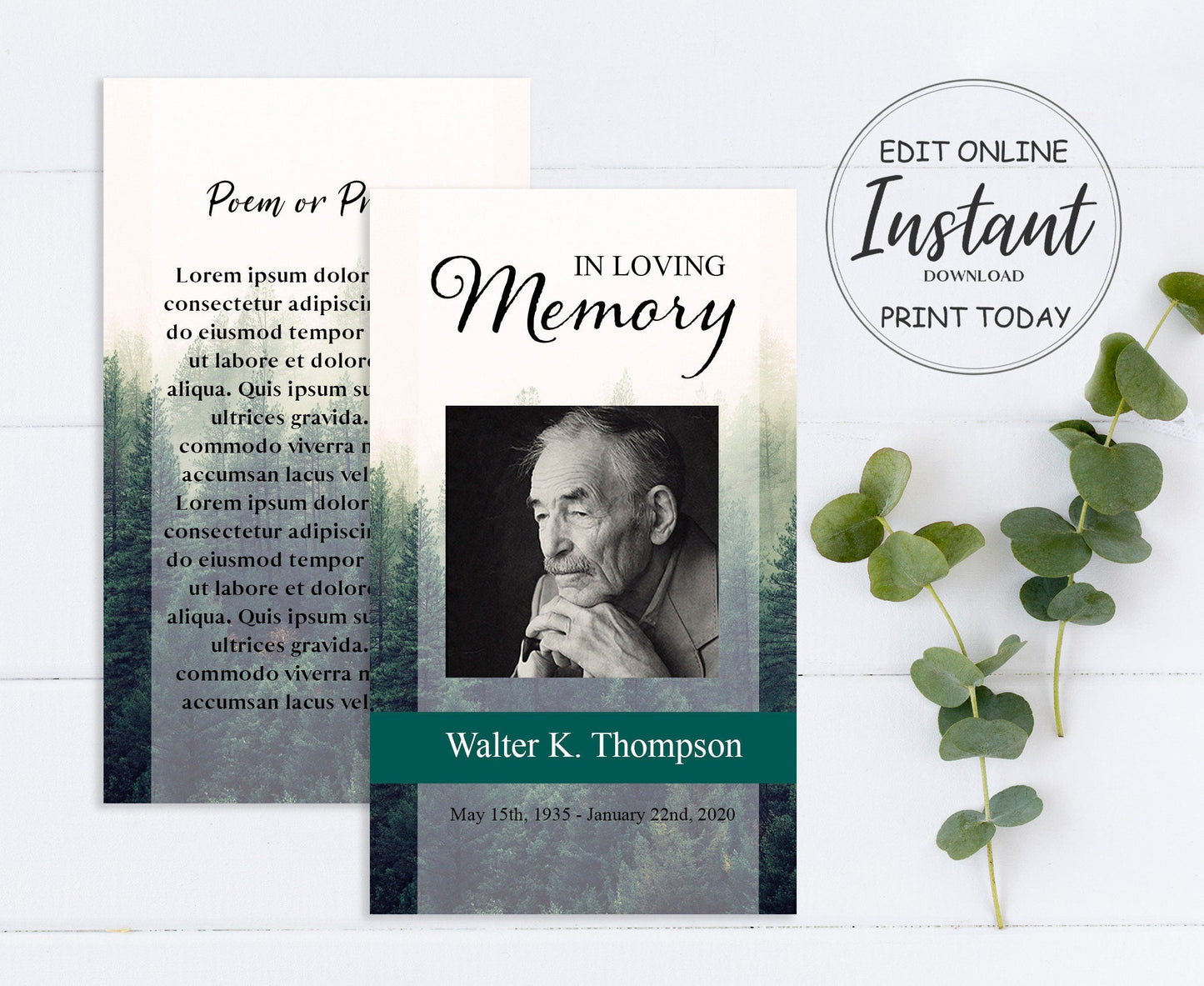 Forest Themed Funeral Prayer Cards Template - lovingmemoryprints