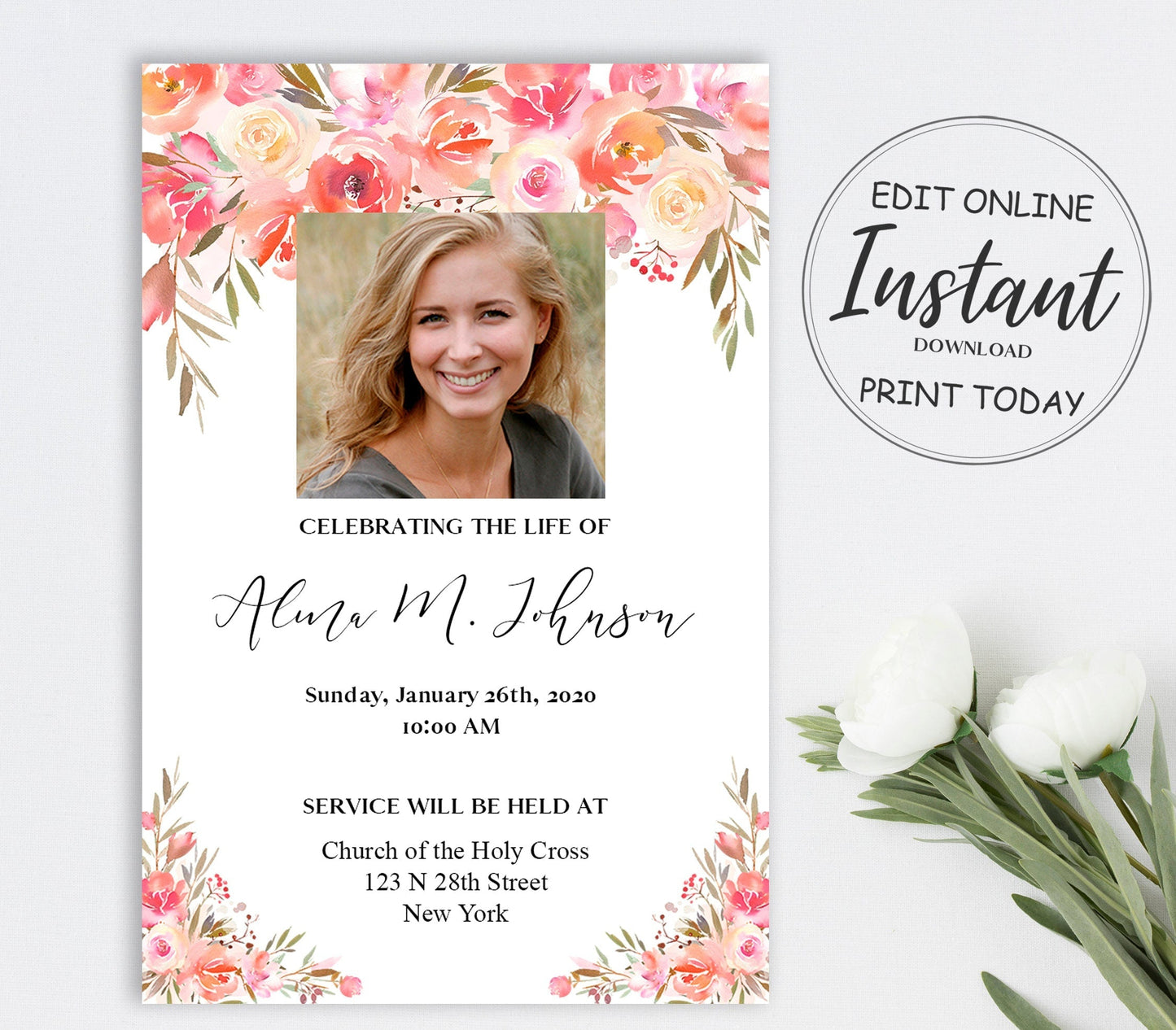 Funeral Invitation Template Red Floral Theme - lovingmemoryprints