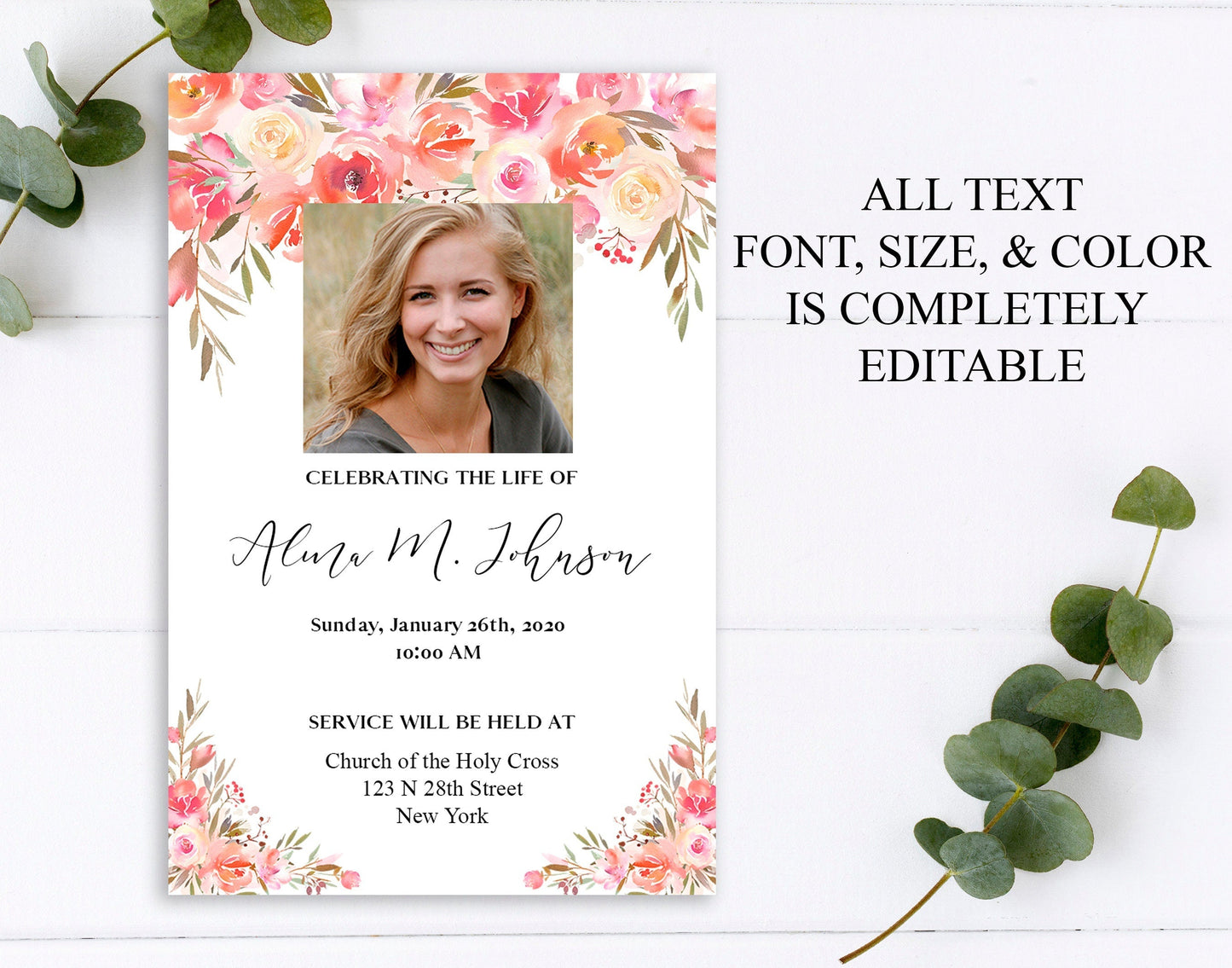 Funeral Invitation Template Red Floral Theme - lovingmemoryprints