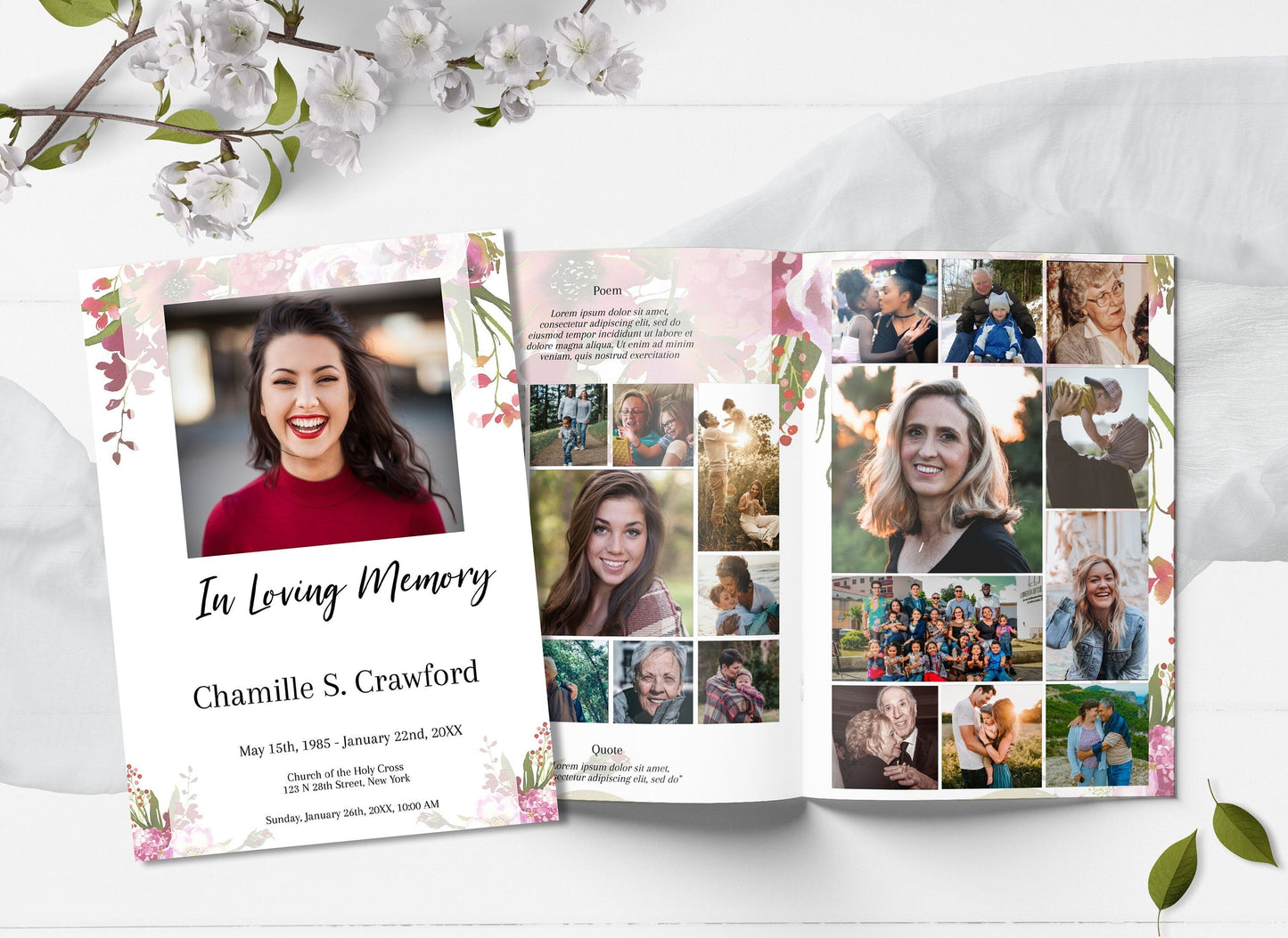 Funeral Program Designed With Red Flowers - 8 Page - lovingmemoryprints