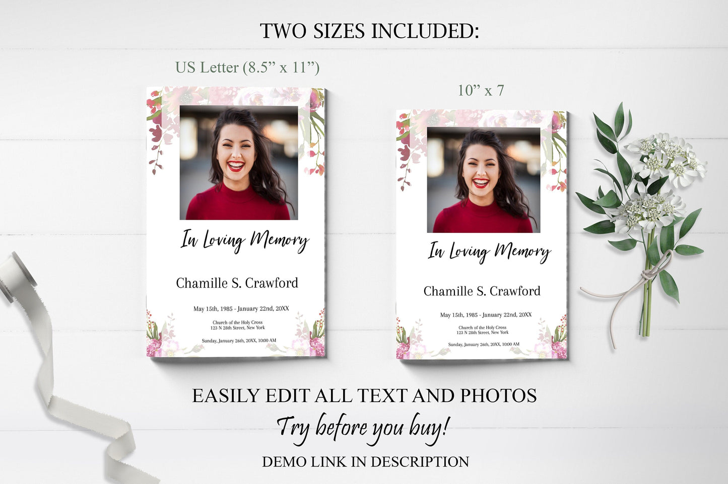Funeral Program Designed With Red Flowers - 8 Page - lovingmemoryprints