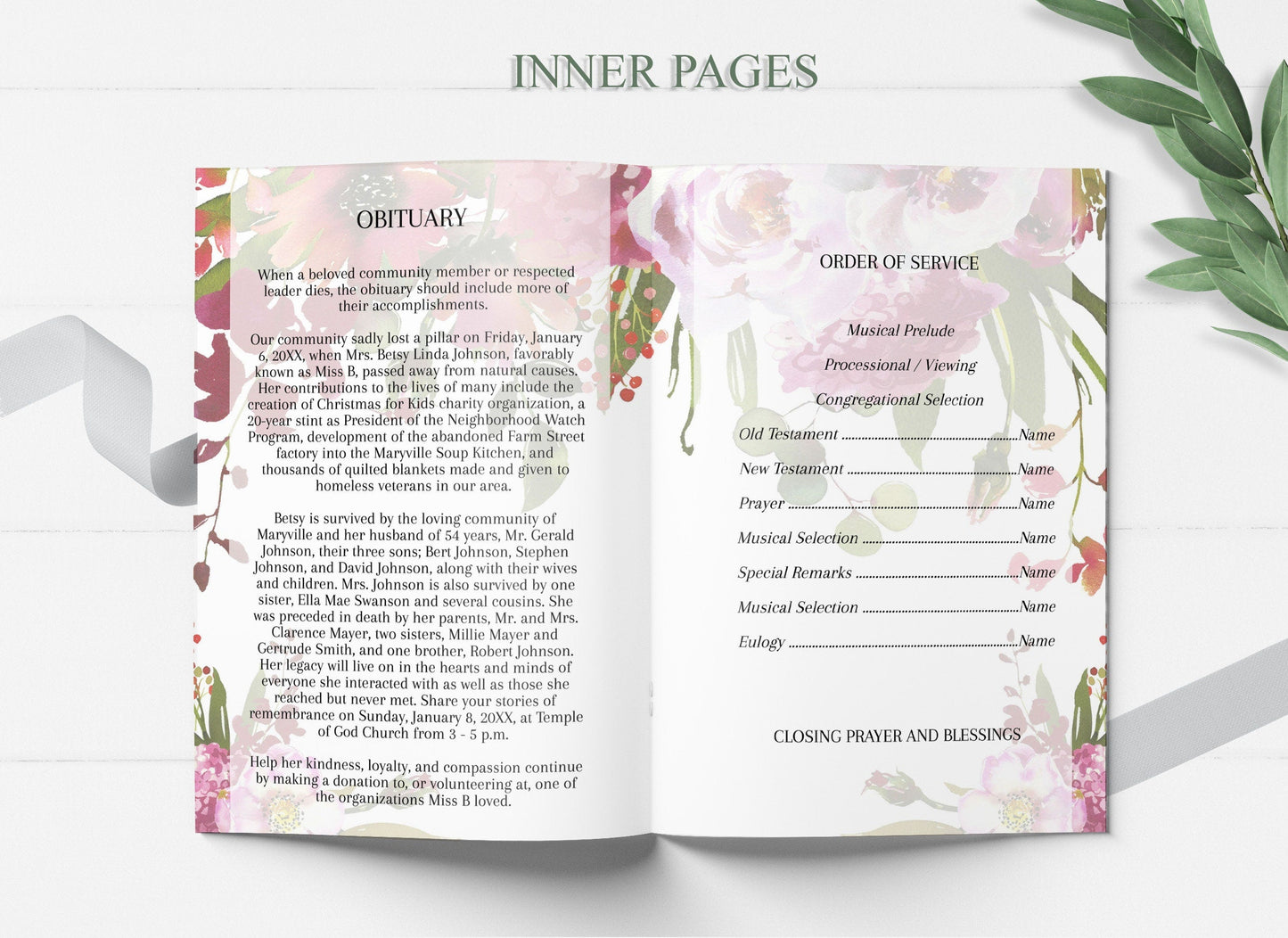 Funeral Program Designed With Red Flowers - 8 Page - lovingmemoryprints