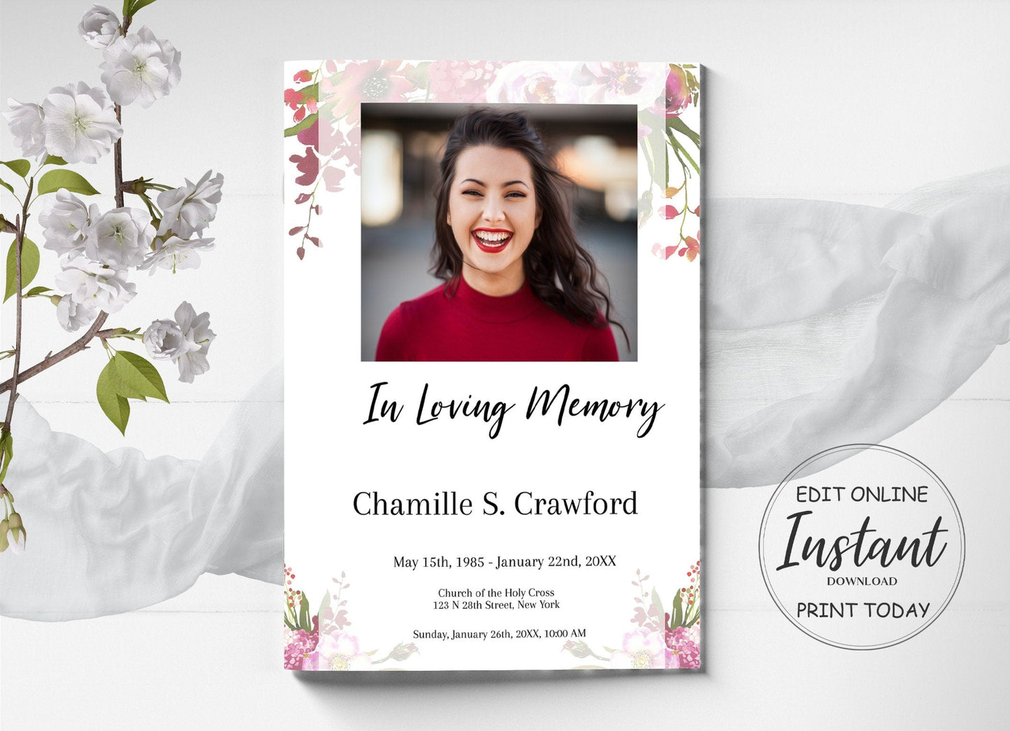 Funeral Program Designed With Red Flowers - 8 Page - lovingmemoryprints