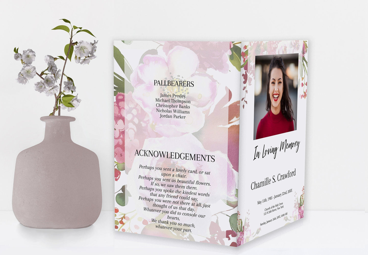 Funeral Program Designed With Red Flowers - 8 Page - lovingmemoryprints