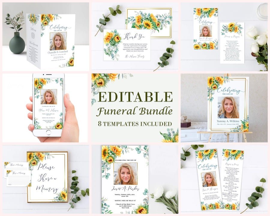 Funeral Program Template Bundle - Sunflower Themed - Memorail Poster Board Included - lovingmemoryprints