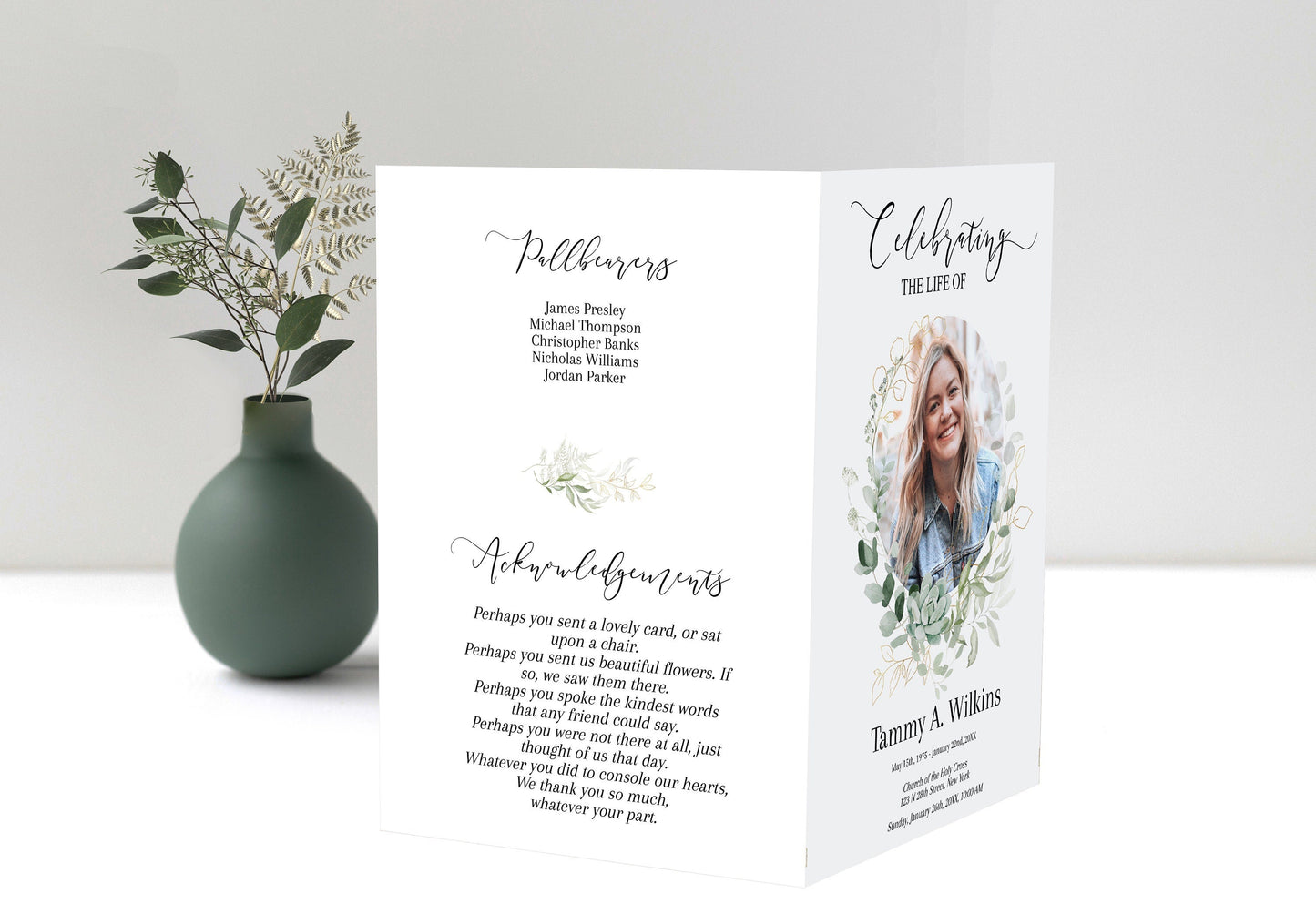 Funeral Program Template | Greenery & Gold Obituary Template to Honor Your Loved One | Celebration of Life | B102 - lovingmemoryprints