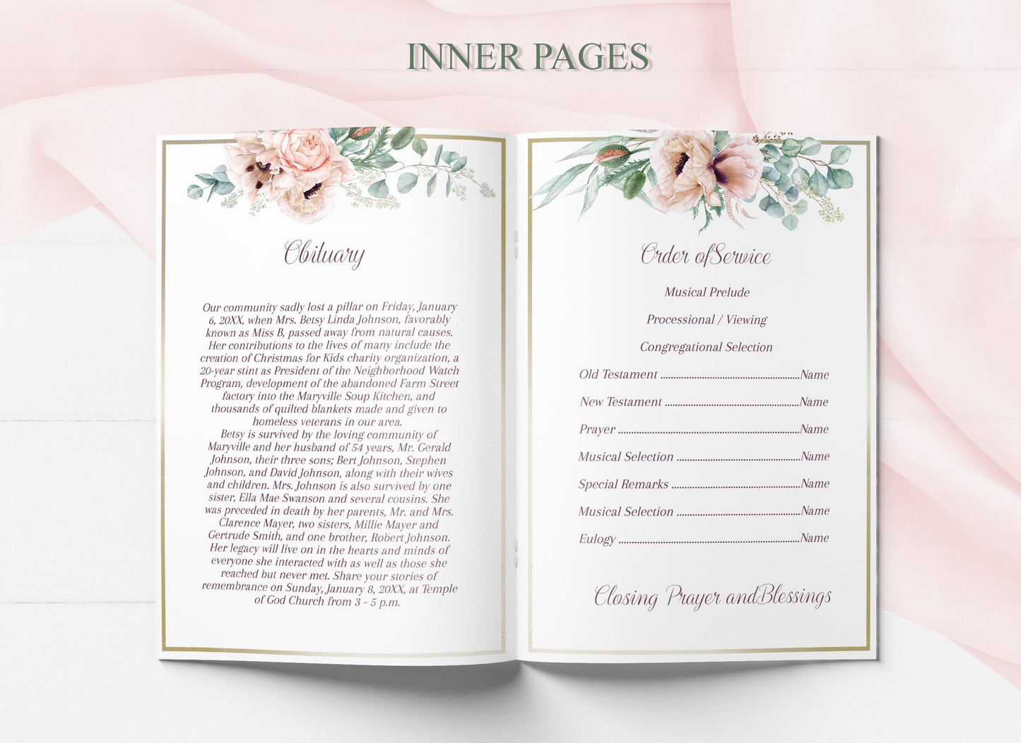 Funeral Template Program With Pink Roses - 8 Page - lovingmemoryprints