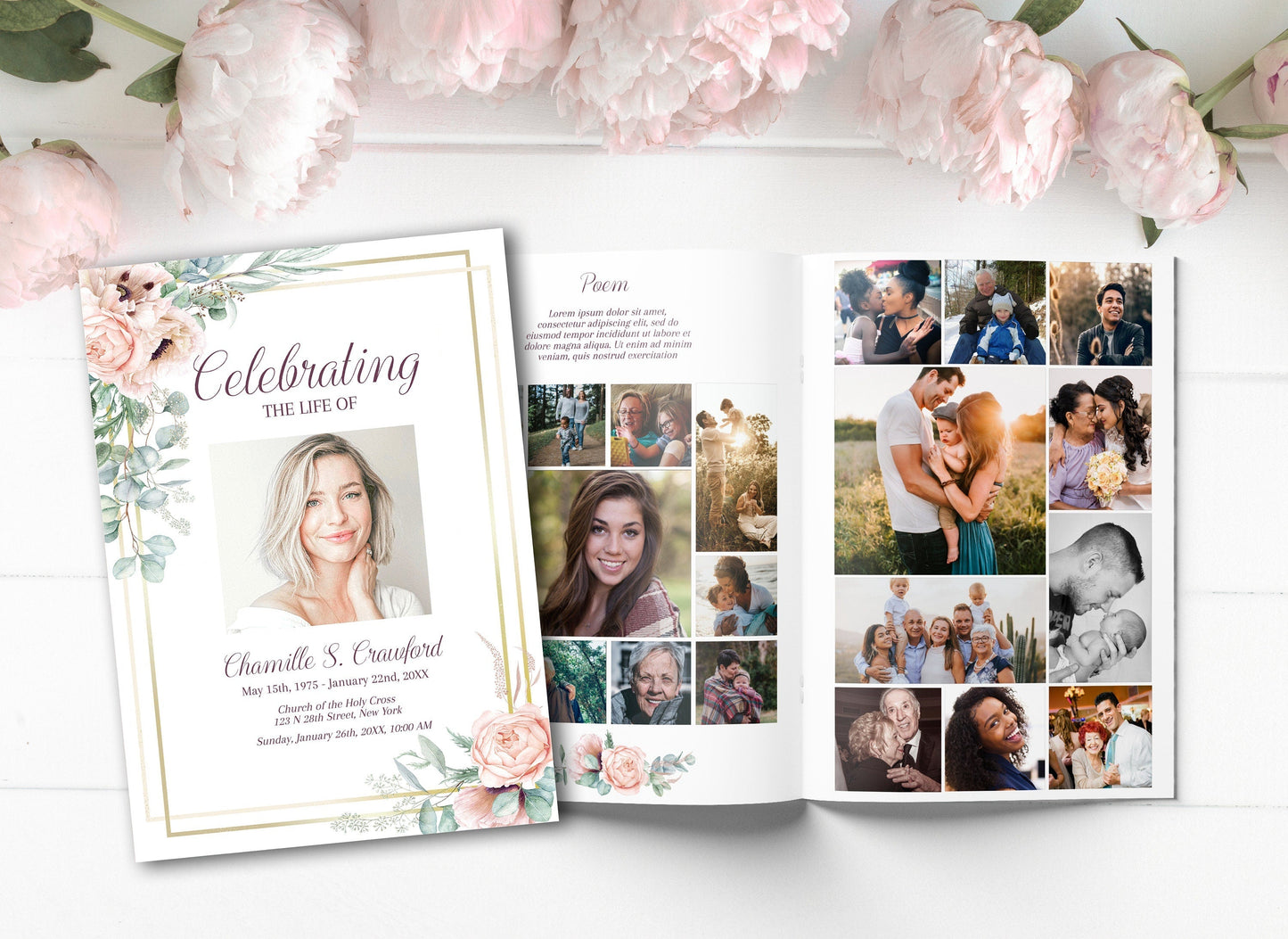 Funeral Template Program With Pink Roses - 8 Page - lovingmemoryprints
