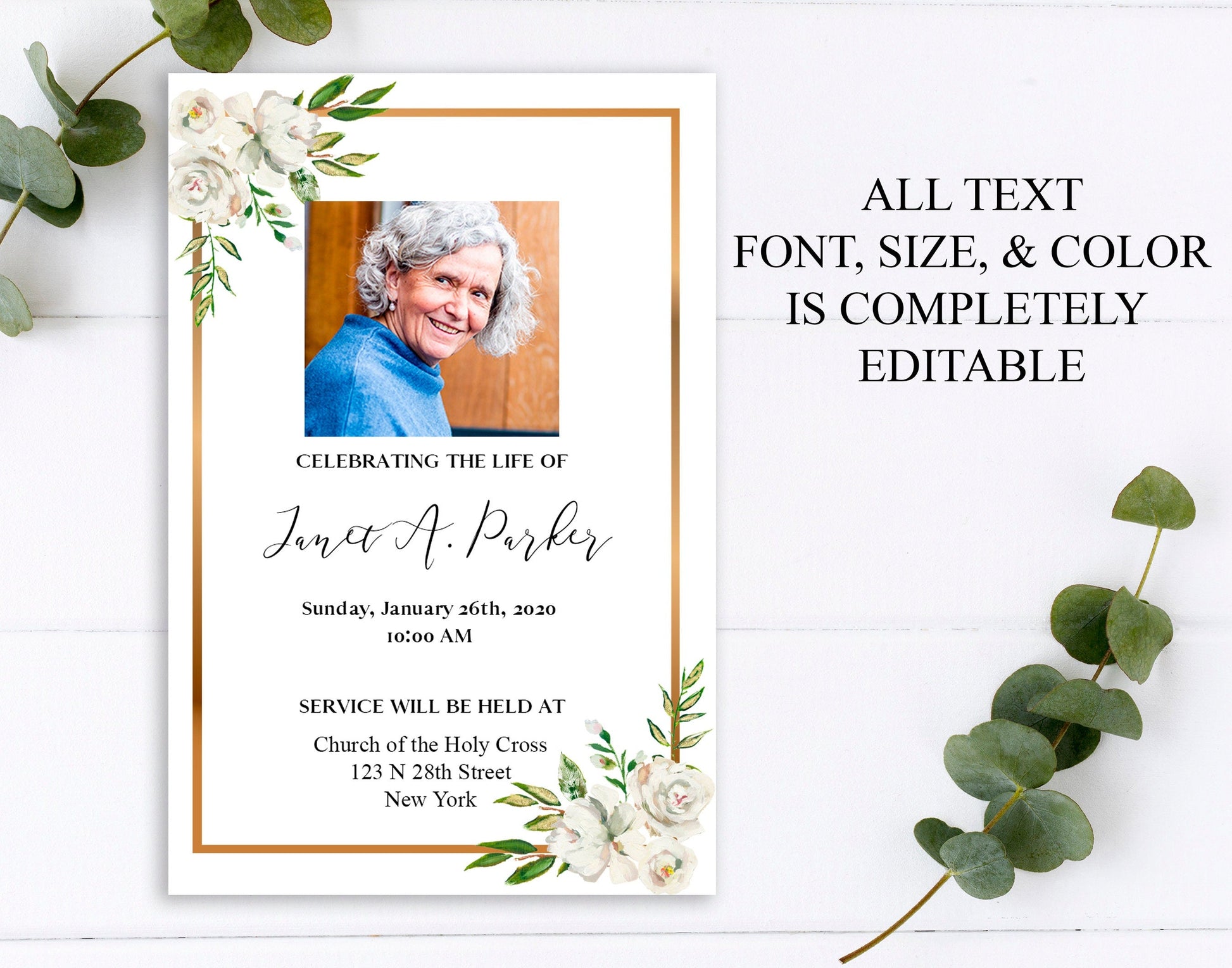 Gold Border White Roses Funeral Announcement Template - lovingmemoryprints