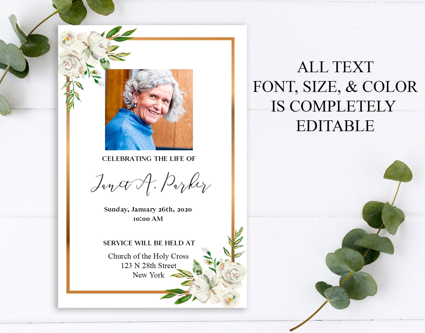 Gold Border White Roses Funeral Announcement Template - lovingmemoryprints