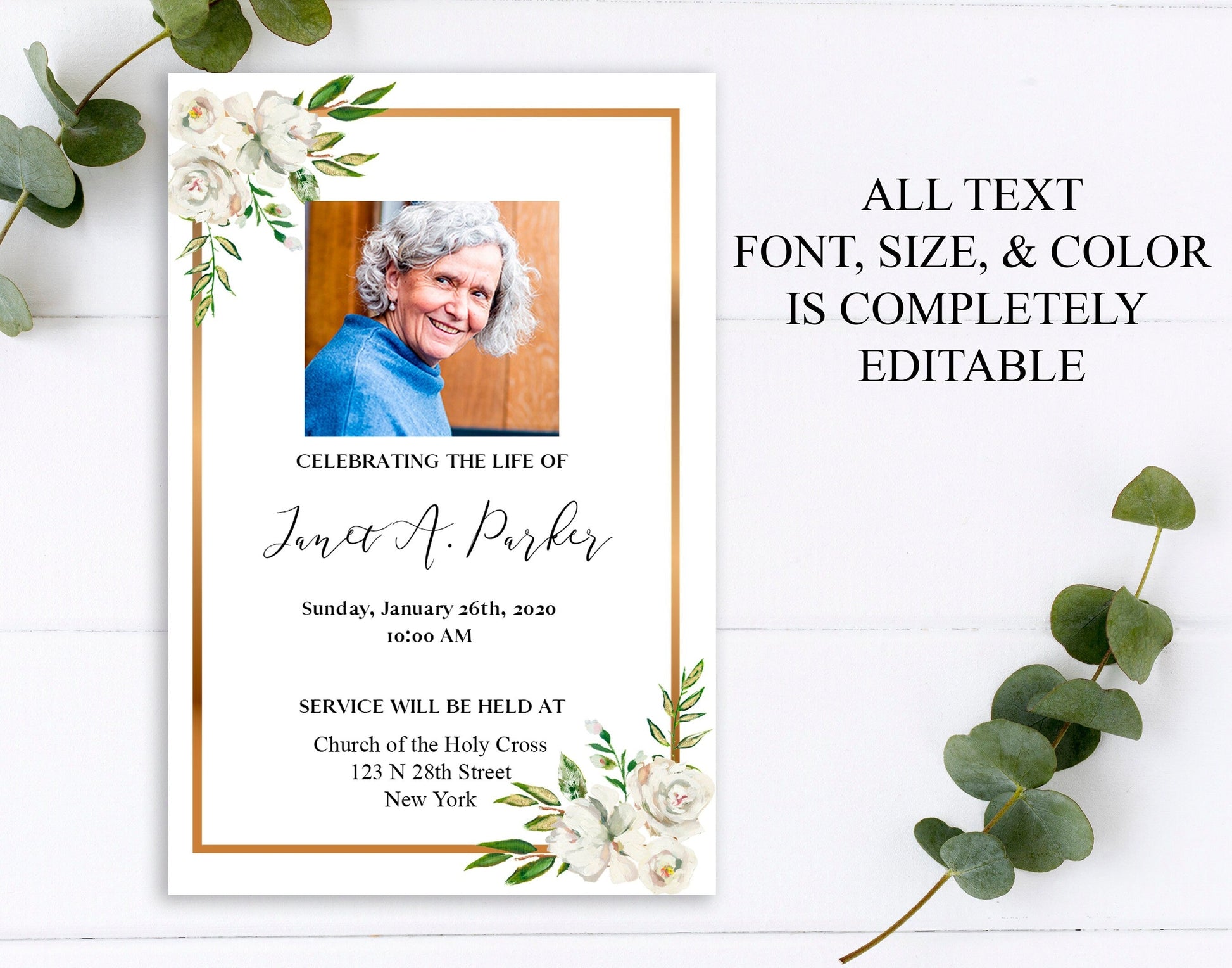 Gold Border White Roses Funeral Announcement Template - lovingmemoryprints