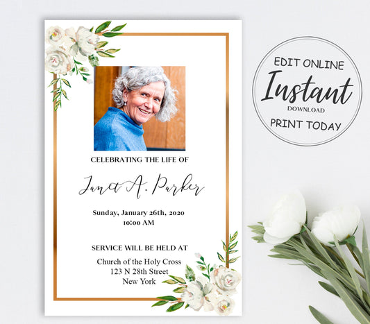 Gold Border White Roses Funeral Announcement Template - lovingmemoryprints