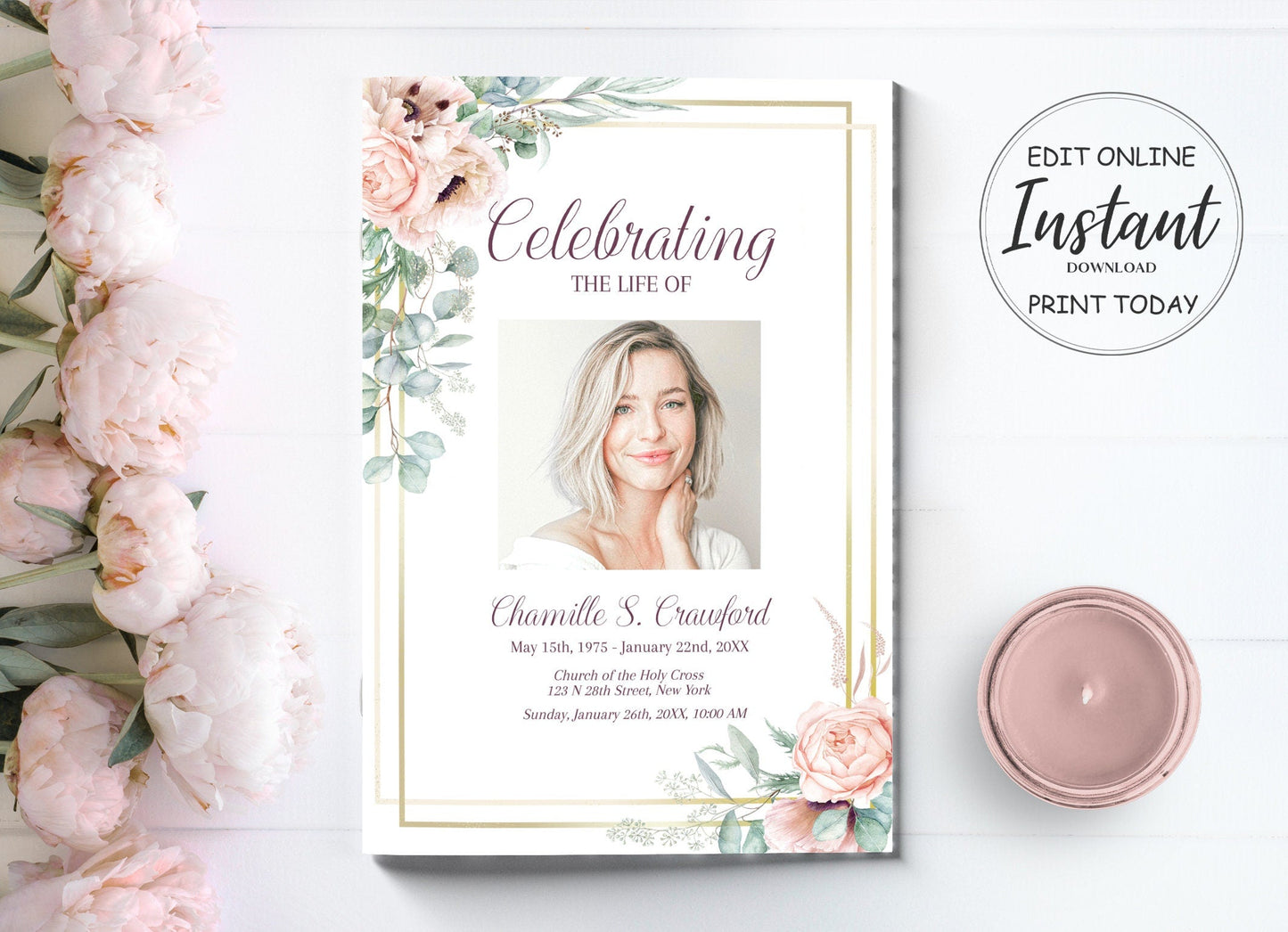 Gold border with Pink Roses Funeral Program Template - 4 Page - lovingmemoryprints