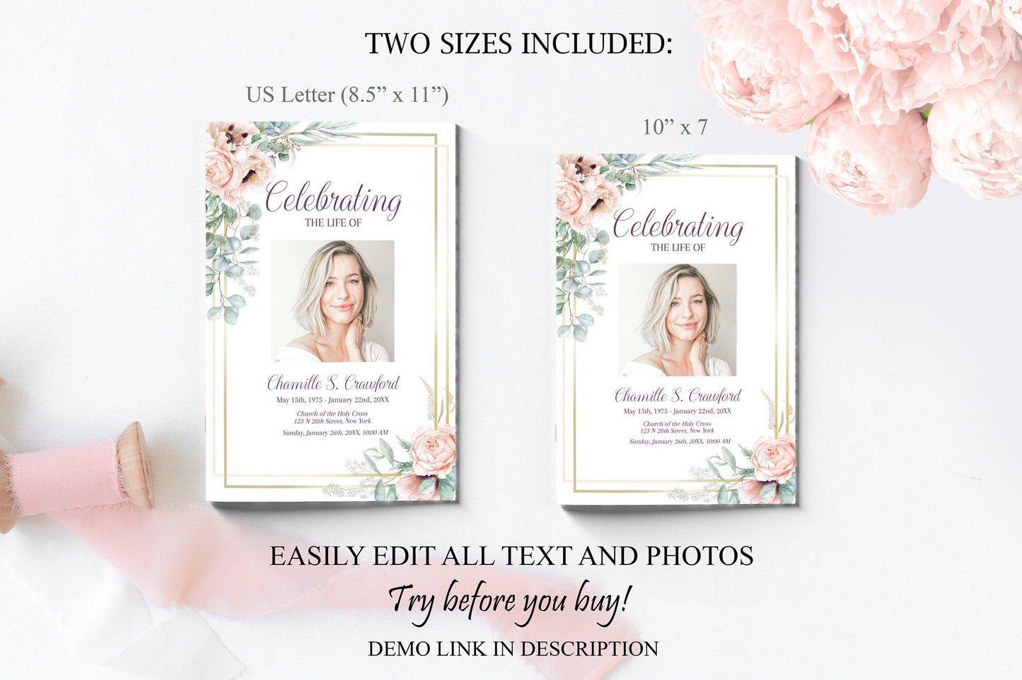 Gold border with Pink Roses Funeral Program Template - 4 Page - lovingmemoryprints