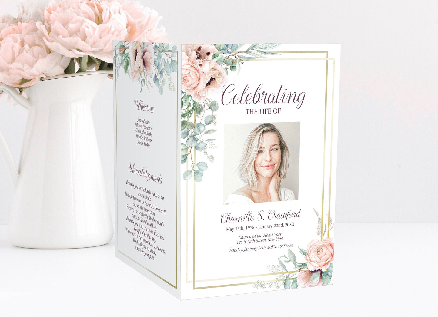 Gold border with Pink Roses Funeral Program Template - 4 Page - lovingmemoryprints
