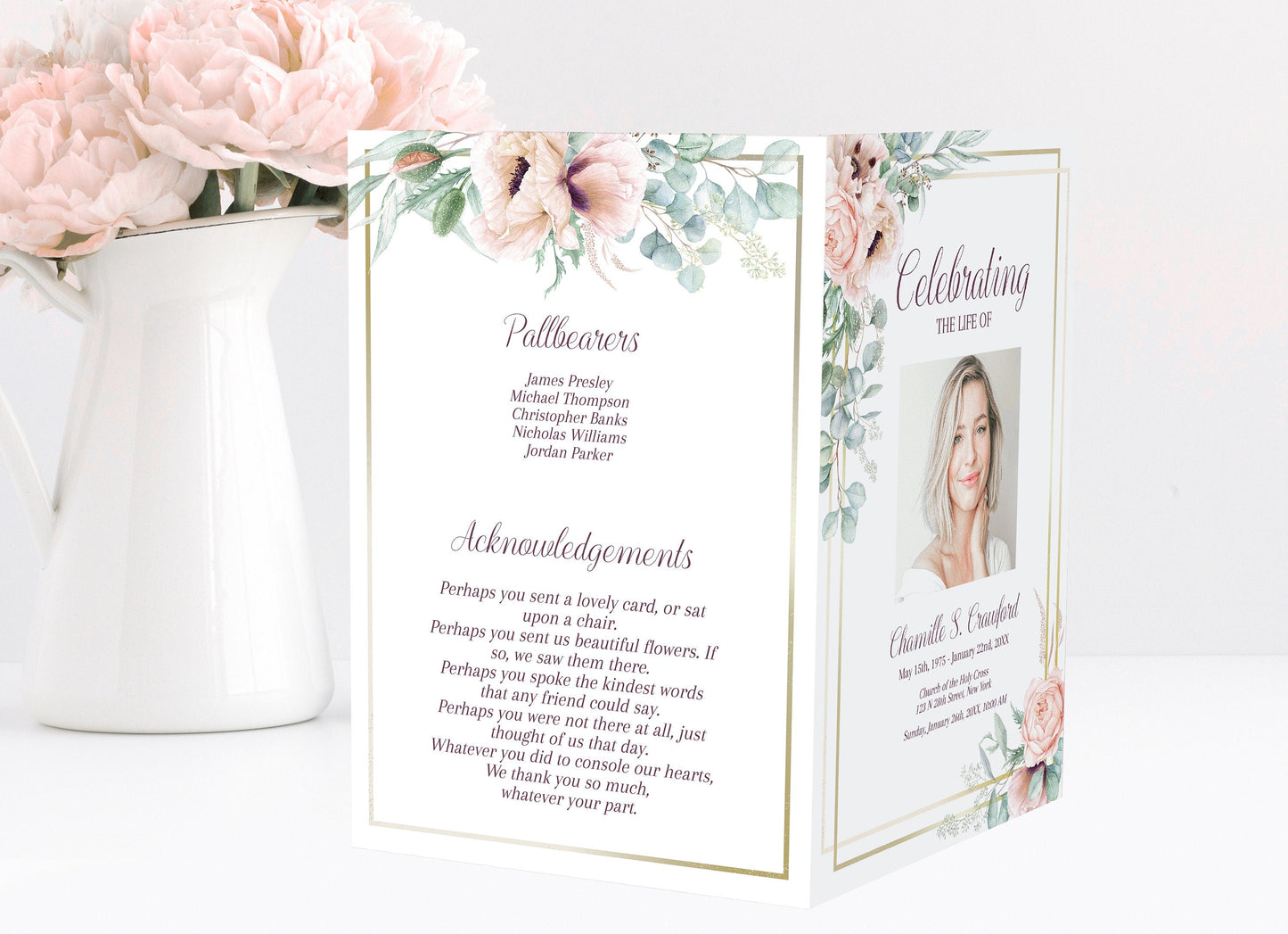 Gold border with Pink Roses Funeral Program Template - 4 Page - lovingmemoryprints