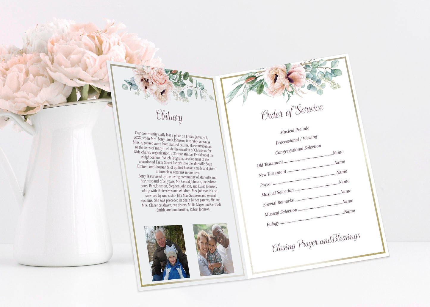 Gold border with Pink Roses Funeral Program Template - 4 Page - lovingmemoryprints