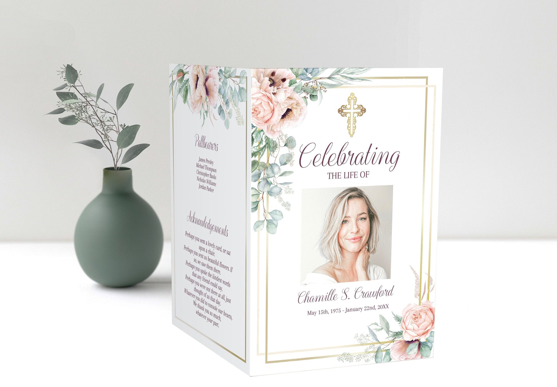 Gold Cross With Flowers Funeral Program Template - 4 Page - lovingmemoryprints