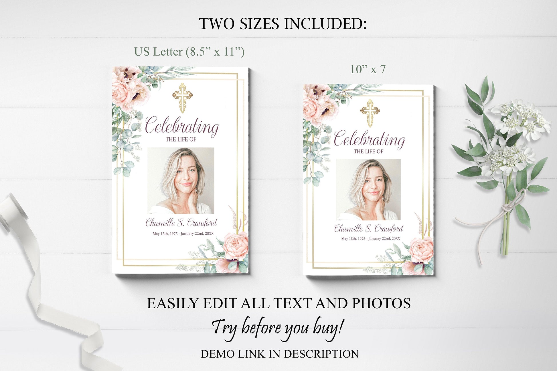 Gold Cross With Flowers Funeral Program Template - 4 Page - lovingmemoryprints