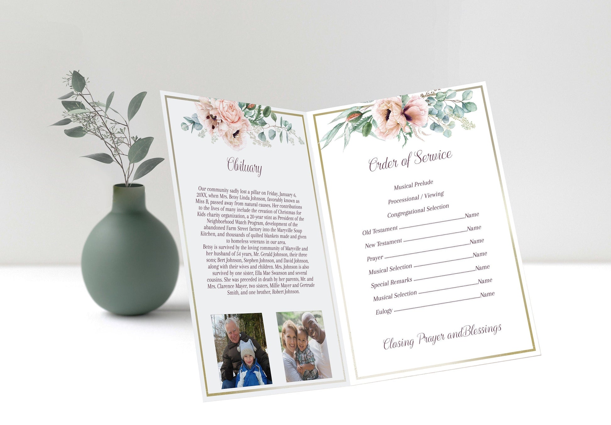 Gold Cross With Flowers Funeral Program Template - 4 Page - lovingmemoryprints