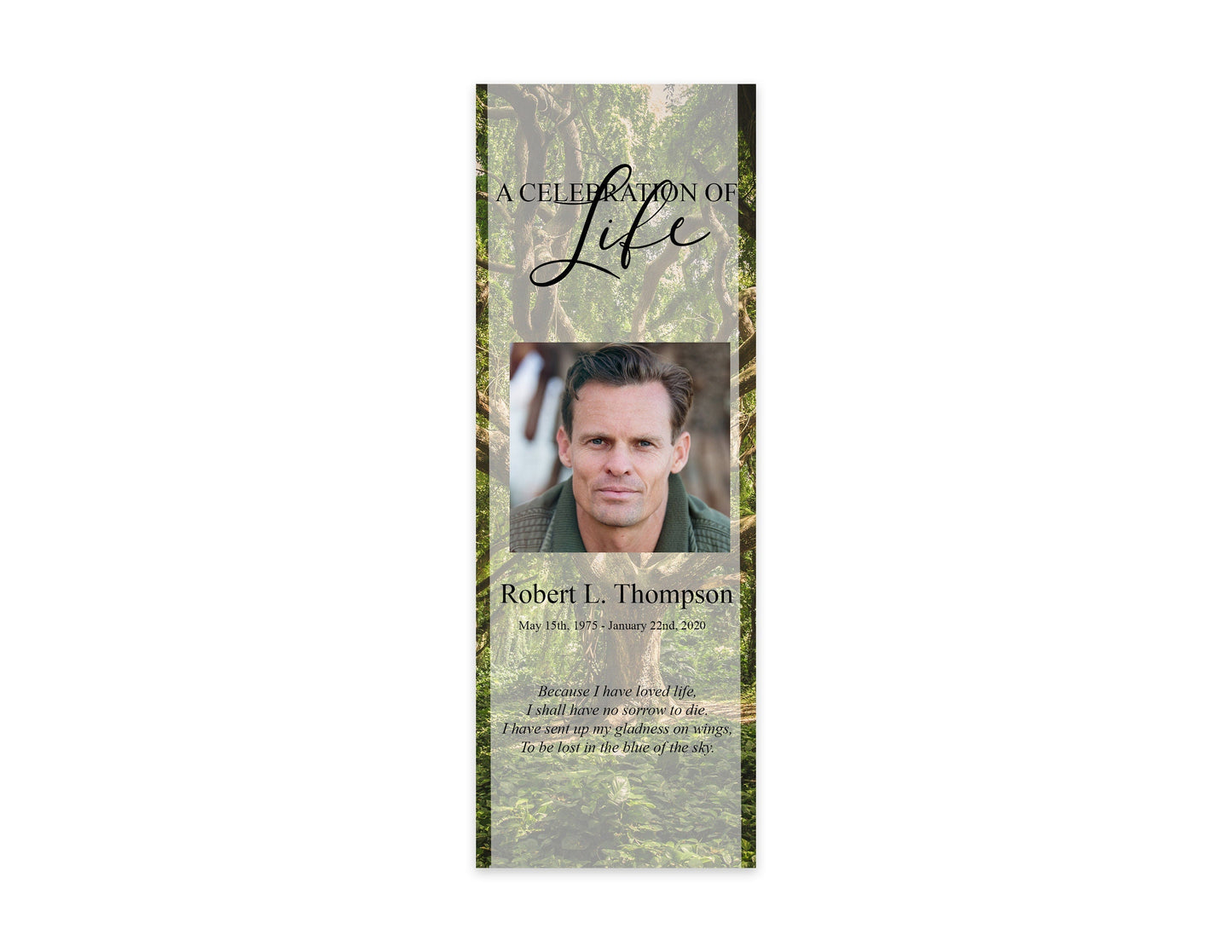 Green Forest Funeral Bookmark Template - lovingmemoryprints