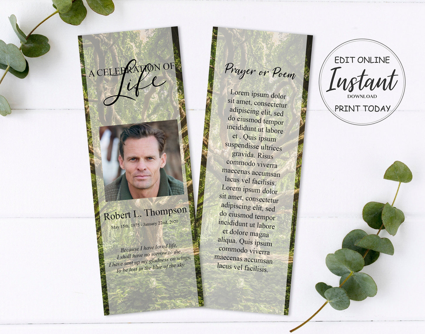 Green Forest Funeral Bookmark Template - lovingmemoryprints