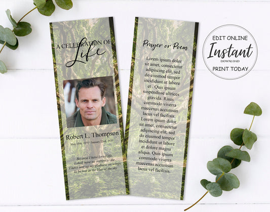 Green Forest Funeral Bookmark Template - lovingmemoryprints