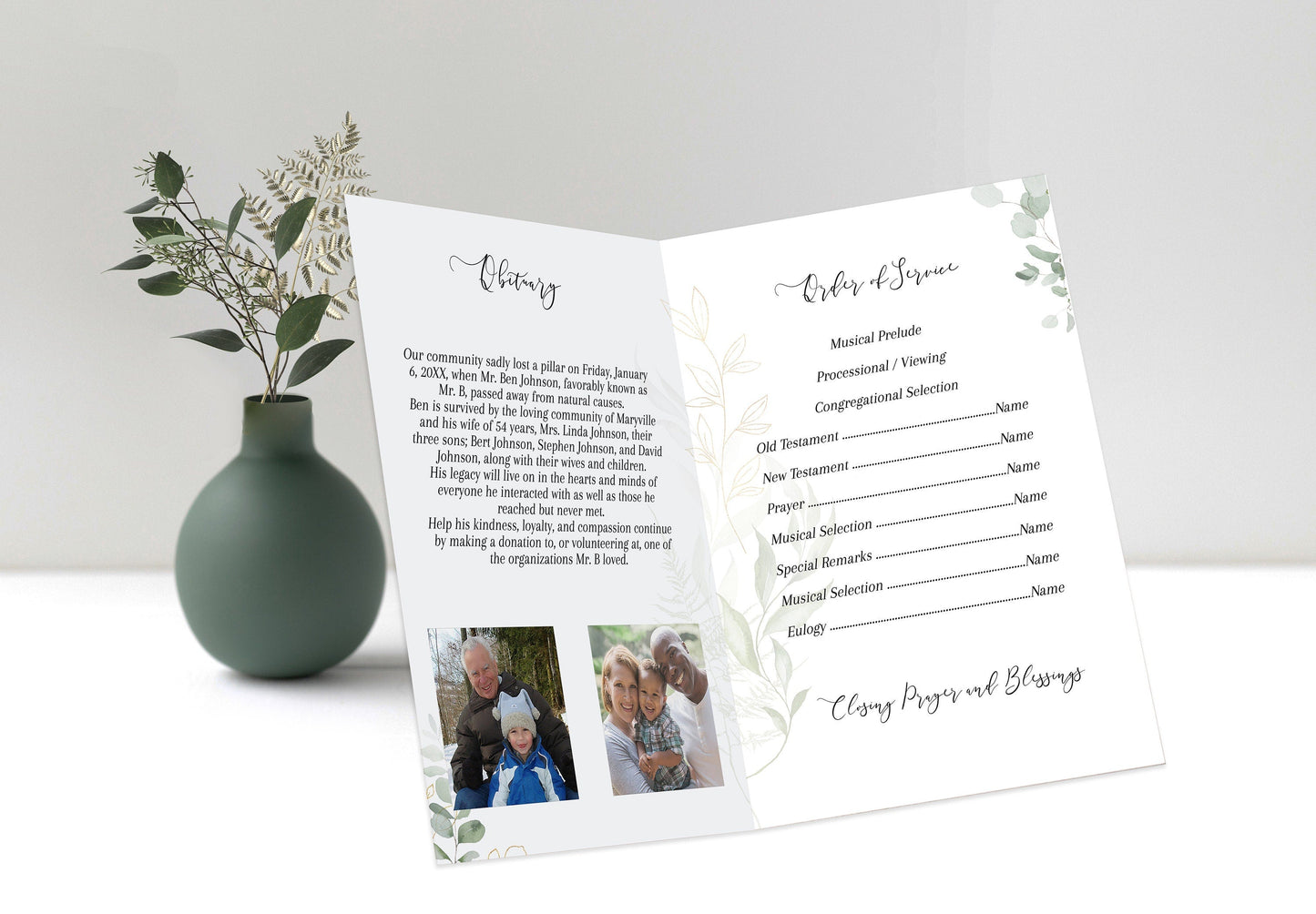Greenery and Gold Funeral Program Template - 4 Page - lovingmemoryprints