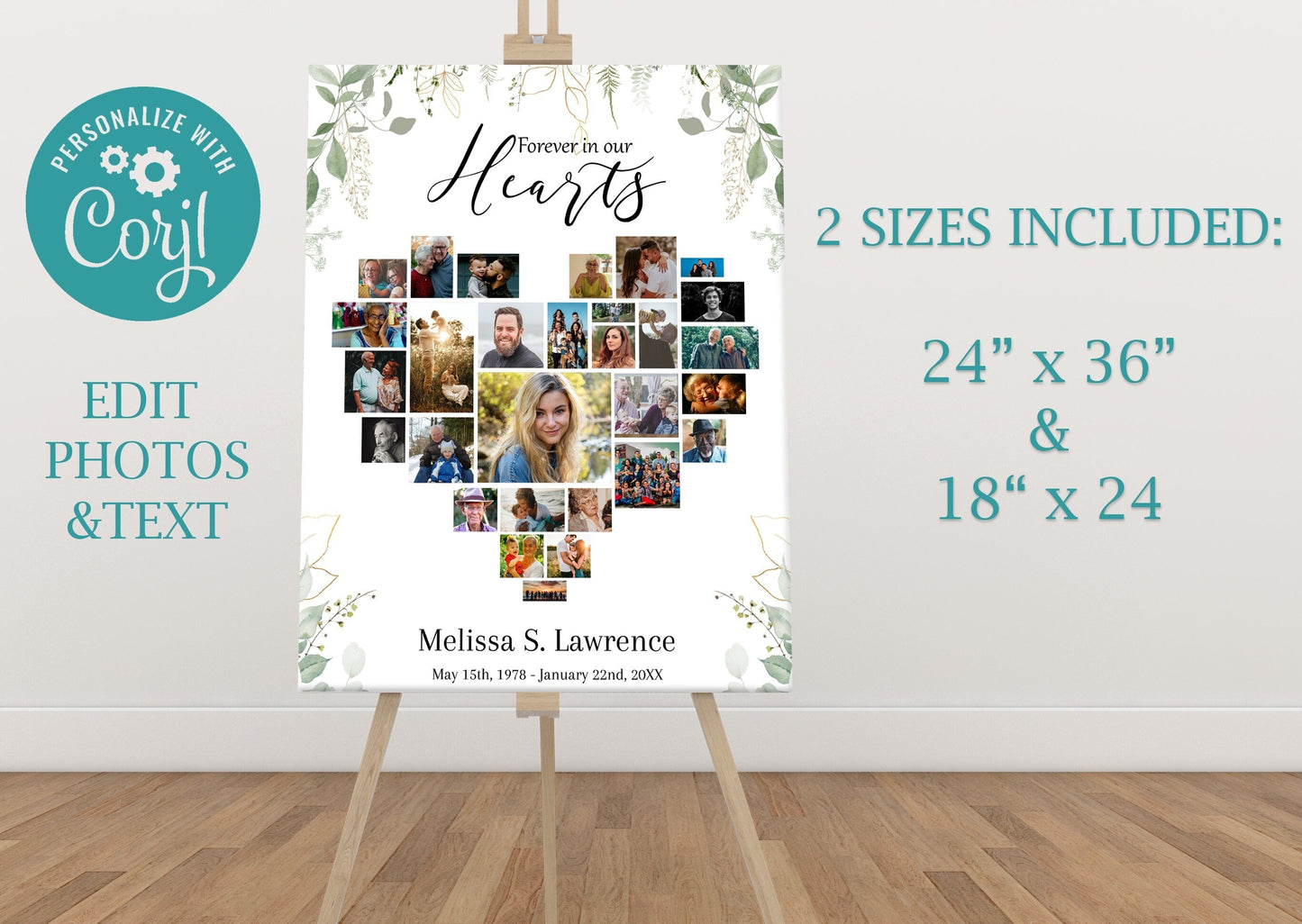 Greenery Border Heart Collage Funeral Poster Template - lovingmemoryprints