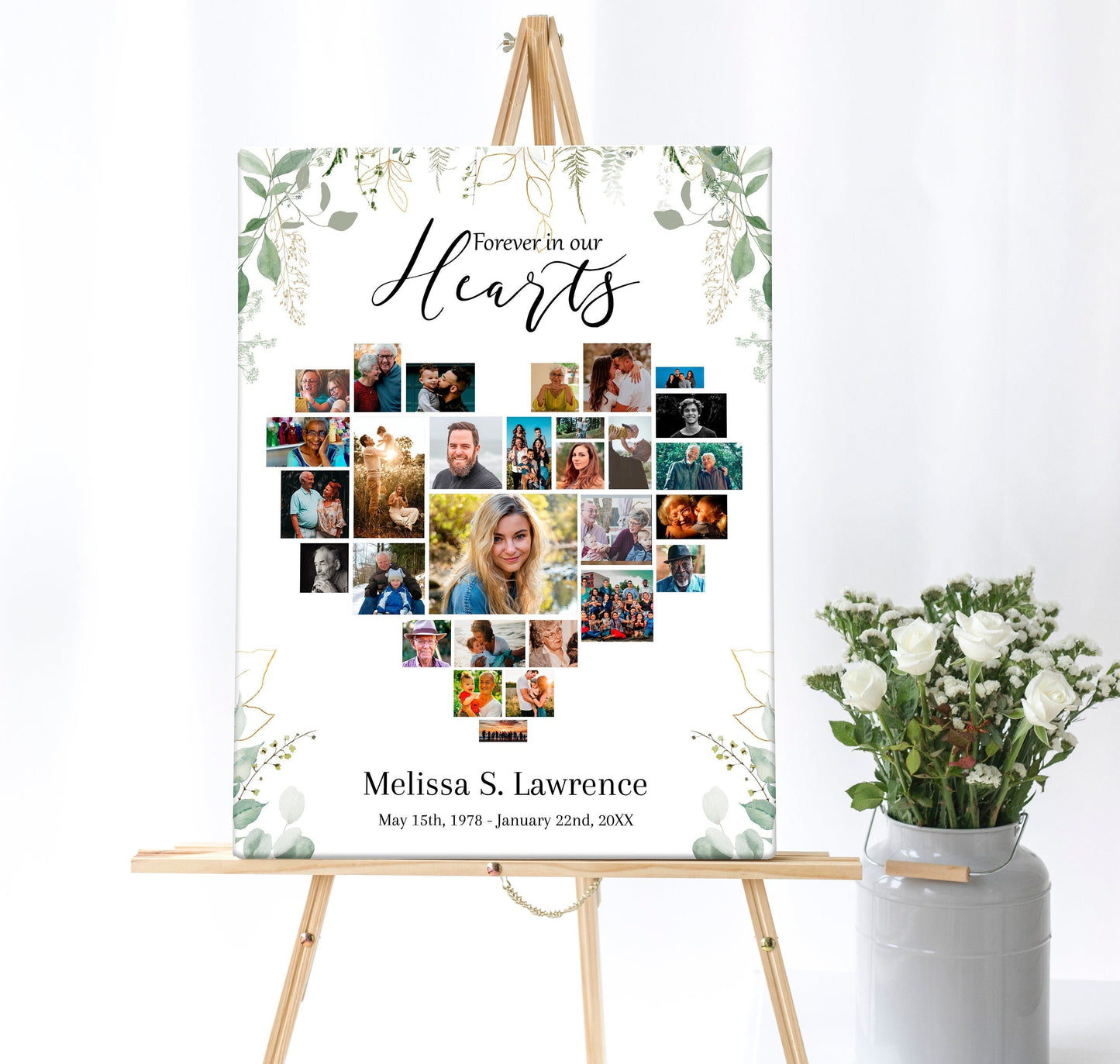 Greenery Border Heart Collage Funeral Poster Template - lovingmemoryprints