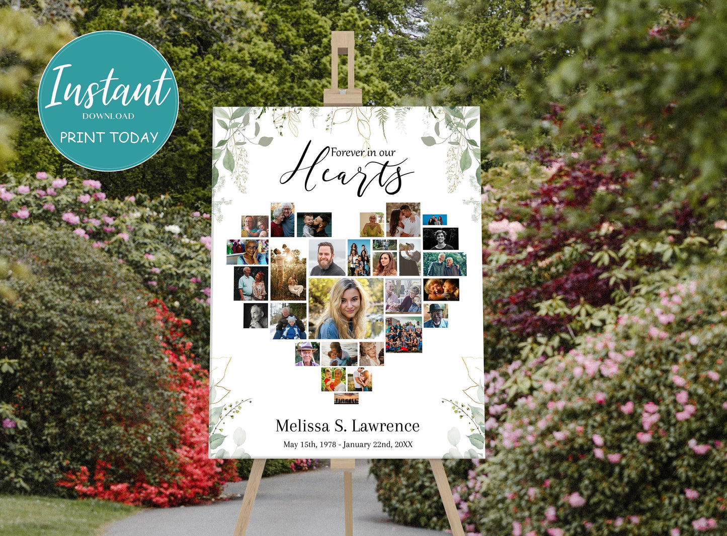 Greenery Border Heart Collage Funeral Poster Template - lovingmemoryprints