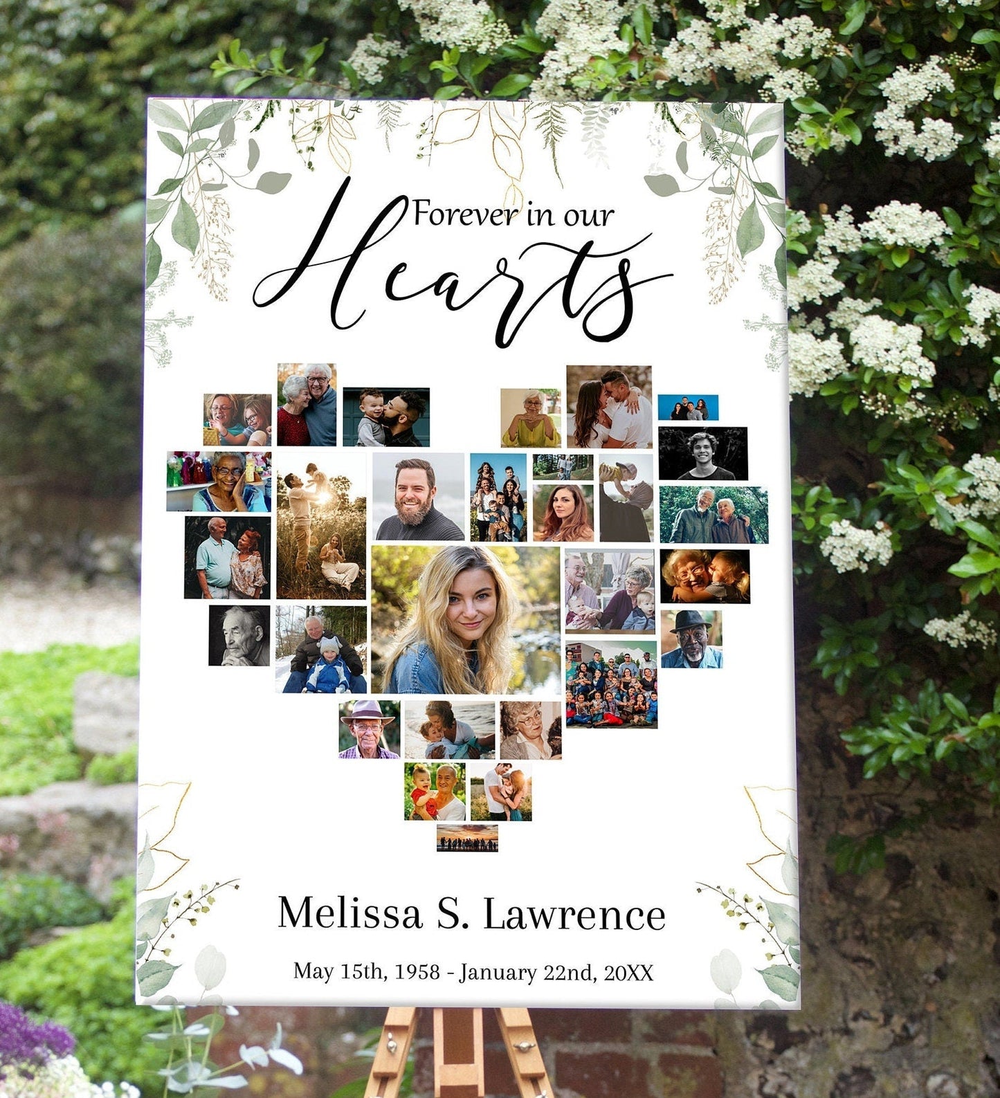 Greenery Border Heart Collage Funeral Poster Template - lovingmemoryprints