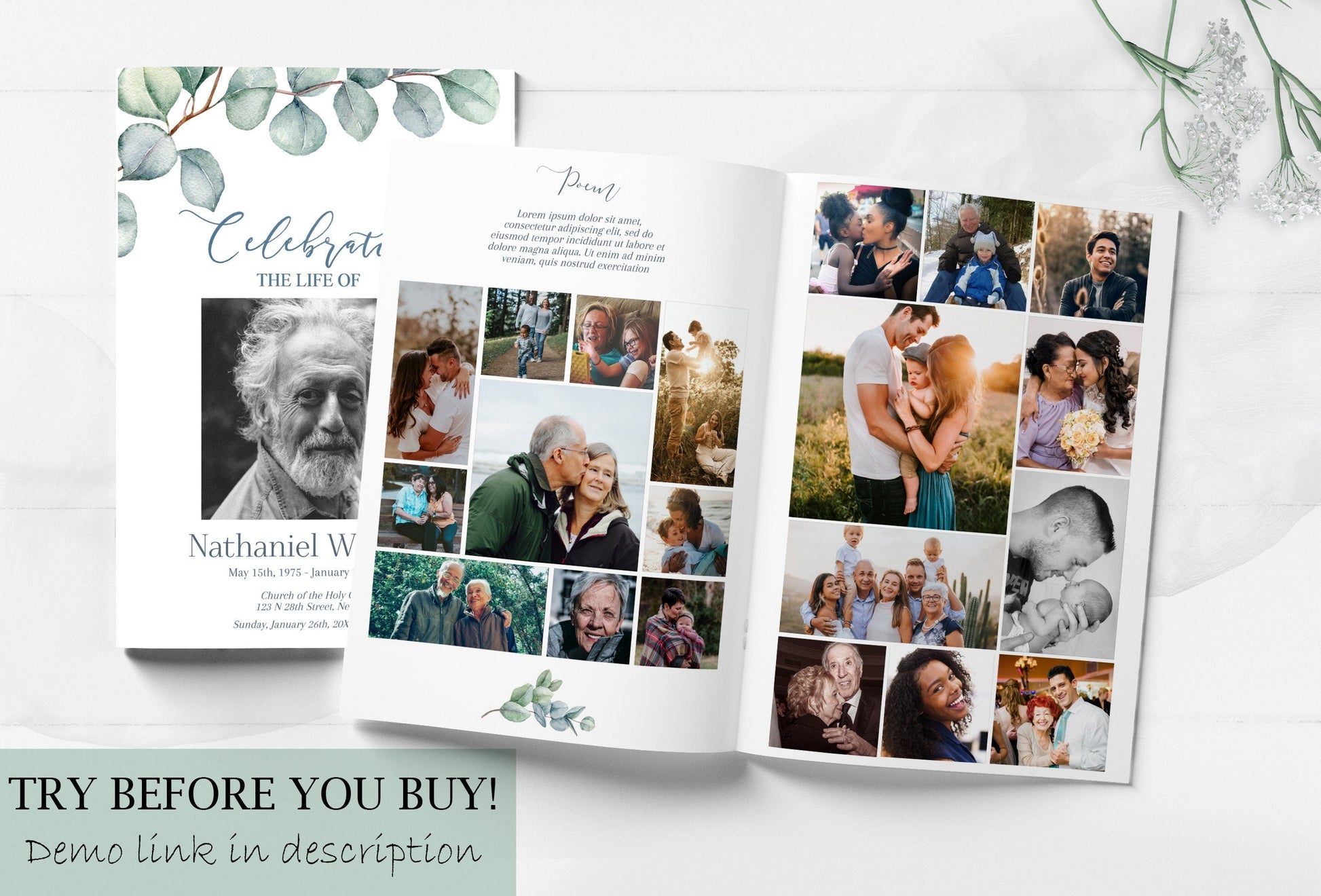 Greenery Celebrating The of Life Funeral Program Template - 8 Page - lovingmemoryprints